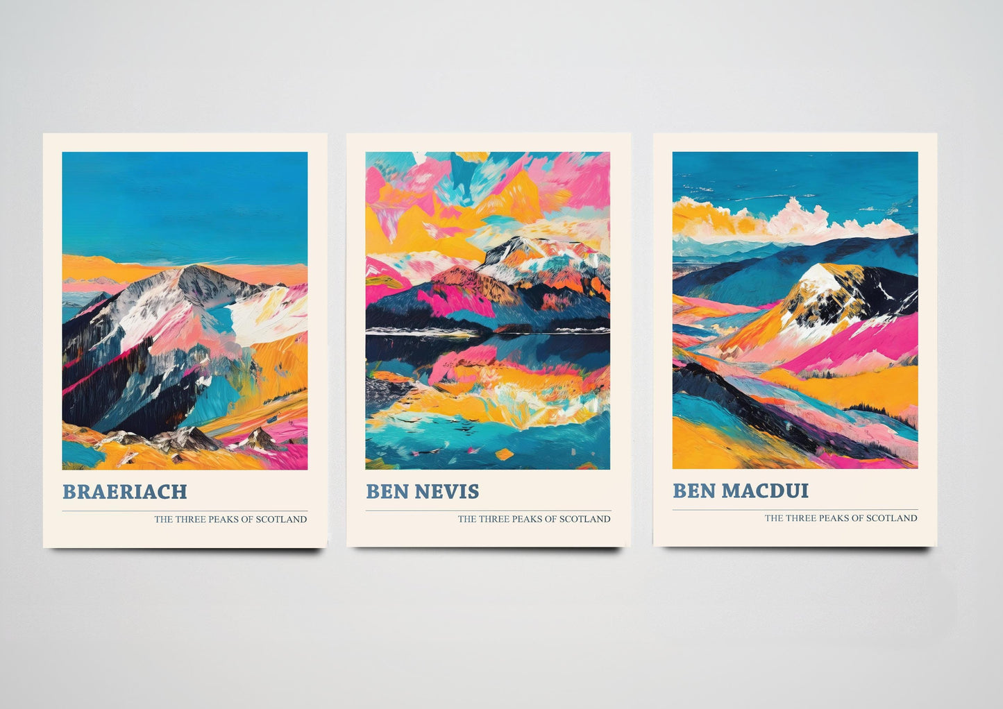 Set of Three Peaks of Scotland Posters - Braeriach, Ben Nevis, Ben Macdui - 3 Art Prints Painting Illustration Gift Visit Map Mount Mountain