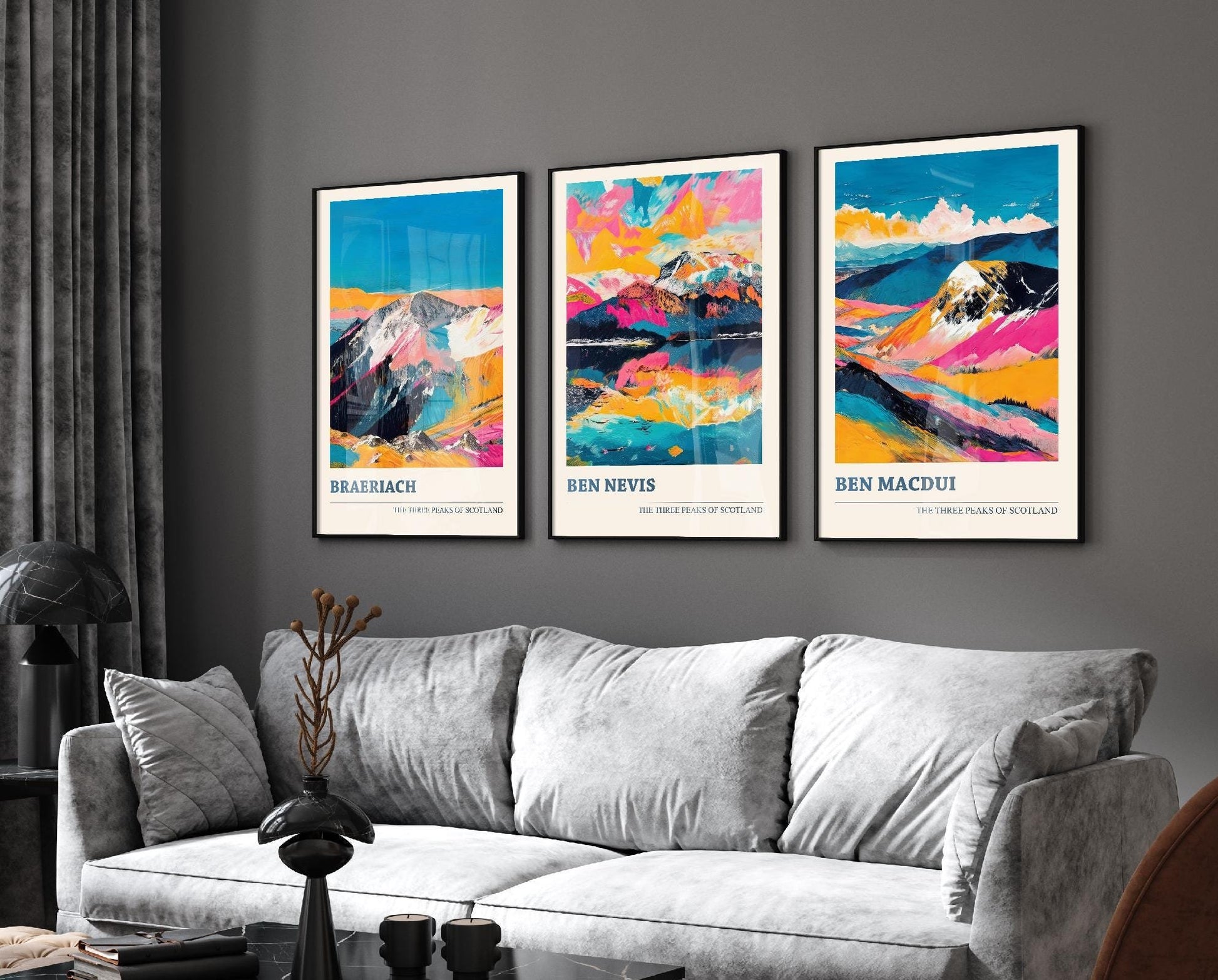 Set of Three Peaks of Scotland Posters - Braeriach, Ben Nevis, Ben Macdui - 3 Art Prints Painting Illustration Gift Visit Map Mount Mountain