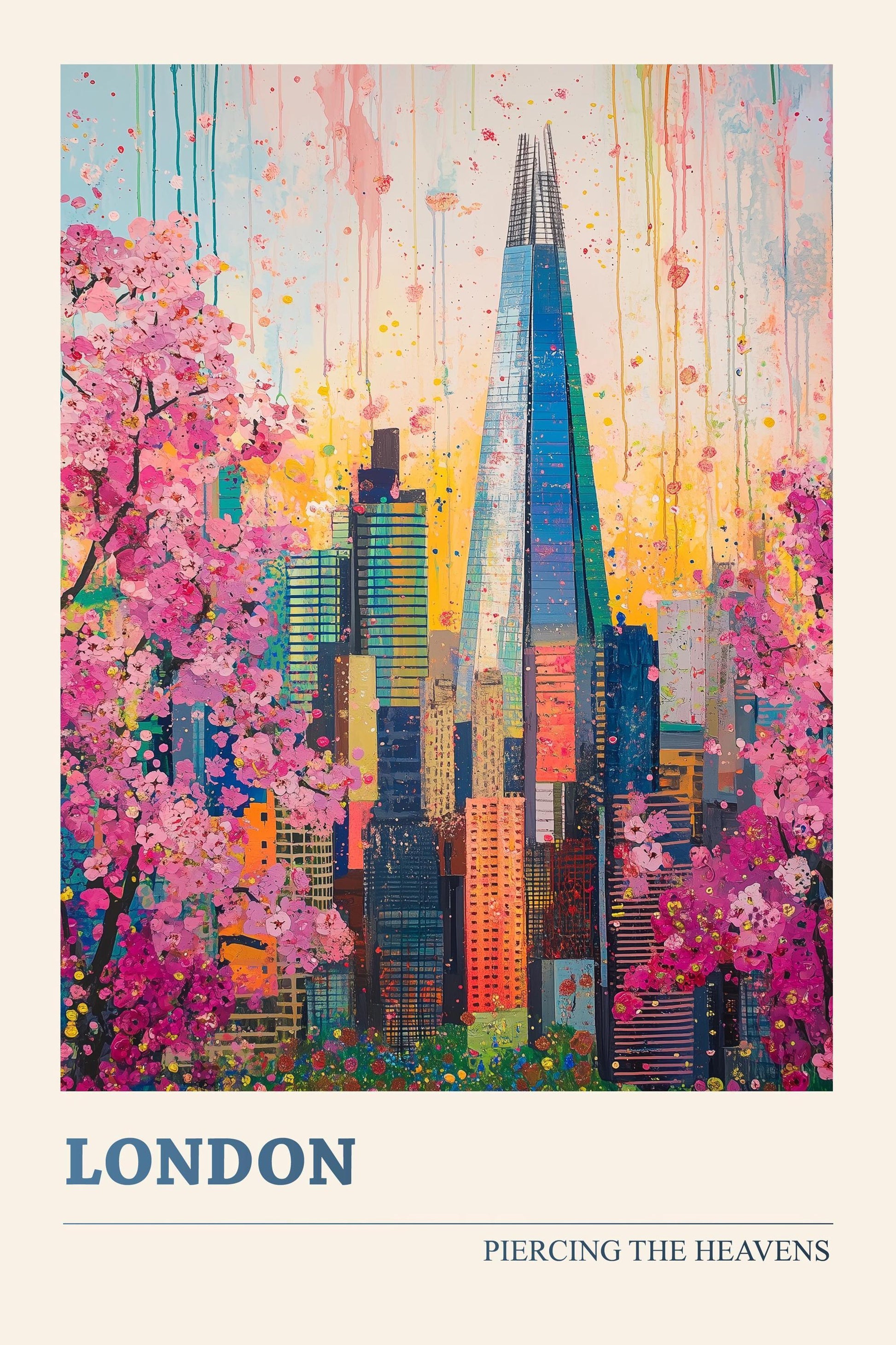 London Cherry Blossom Skylines Set of Three Art Prints - Iconic Skyscrapers with Pink Trees - 3 Posters Painting Illustration Gift Visit