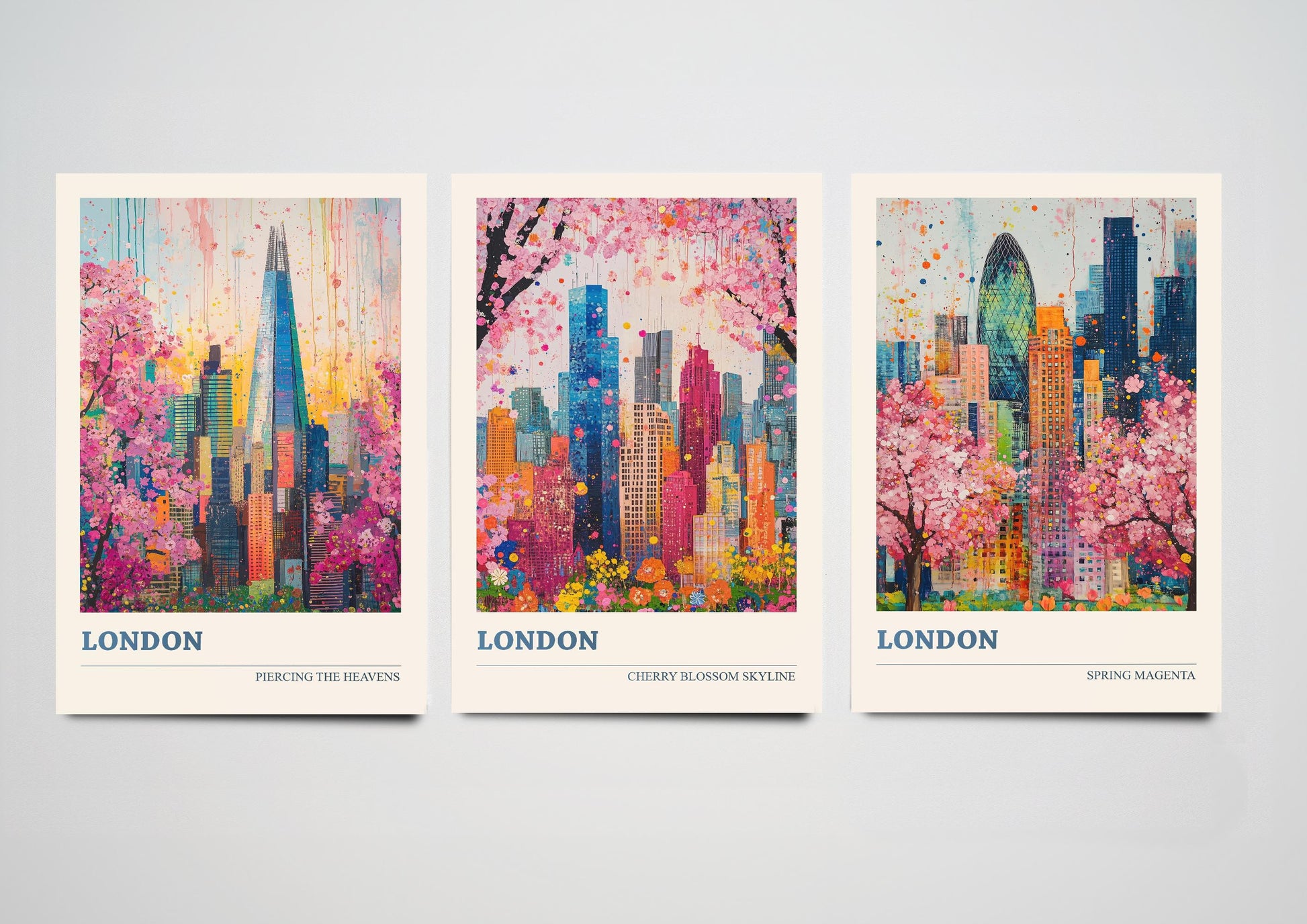 London Cherry Blossom Skylines Set of Three Art Prints - Iconic Skyscrapers with Pink Trees - 3 Posters Painting Illustration Gift Visit