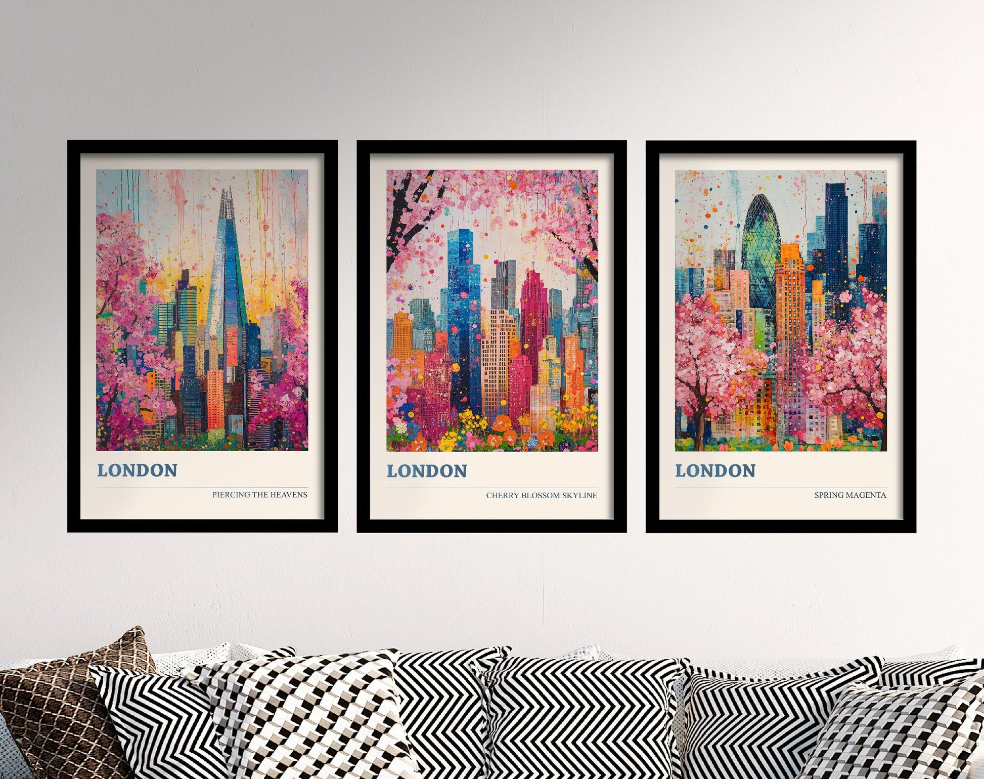 London Cherry Blossom Skylines Set of Three Art Prints - Iconic Skyscrapers with Pink Trees - 3 Posters Painting Illustration Gift Visit