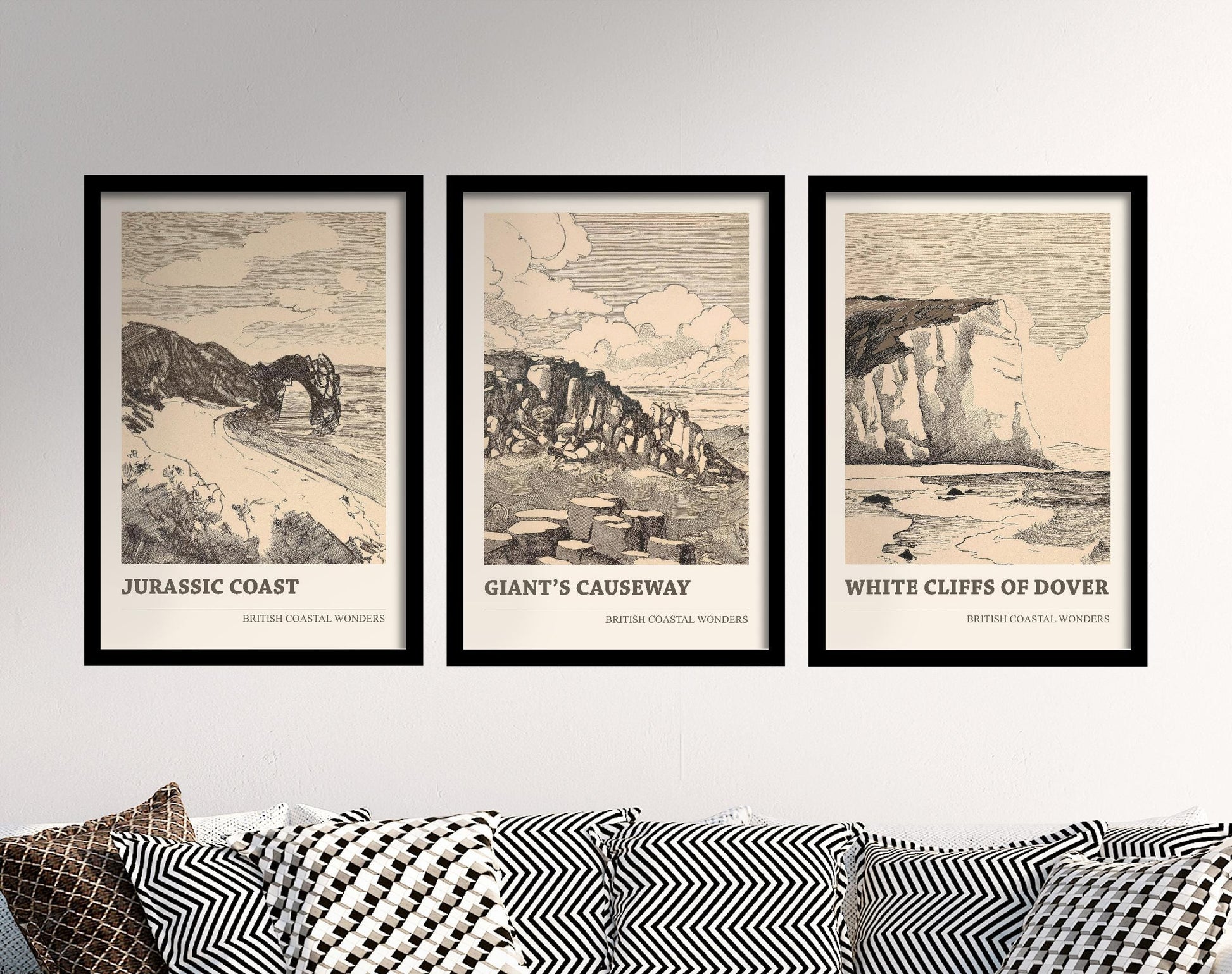 British Coastal Wonders Set of Three Pen & Ink Art Prints - Jurassic Coast, Giant's Causeway, White Cliffs of Dover - 3 Posters Painting