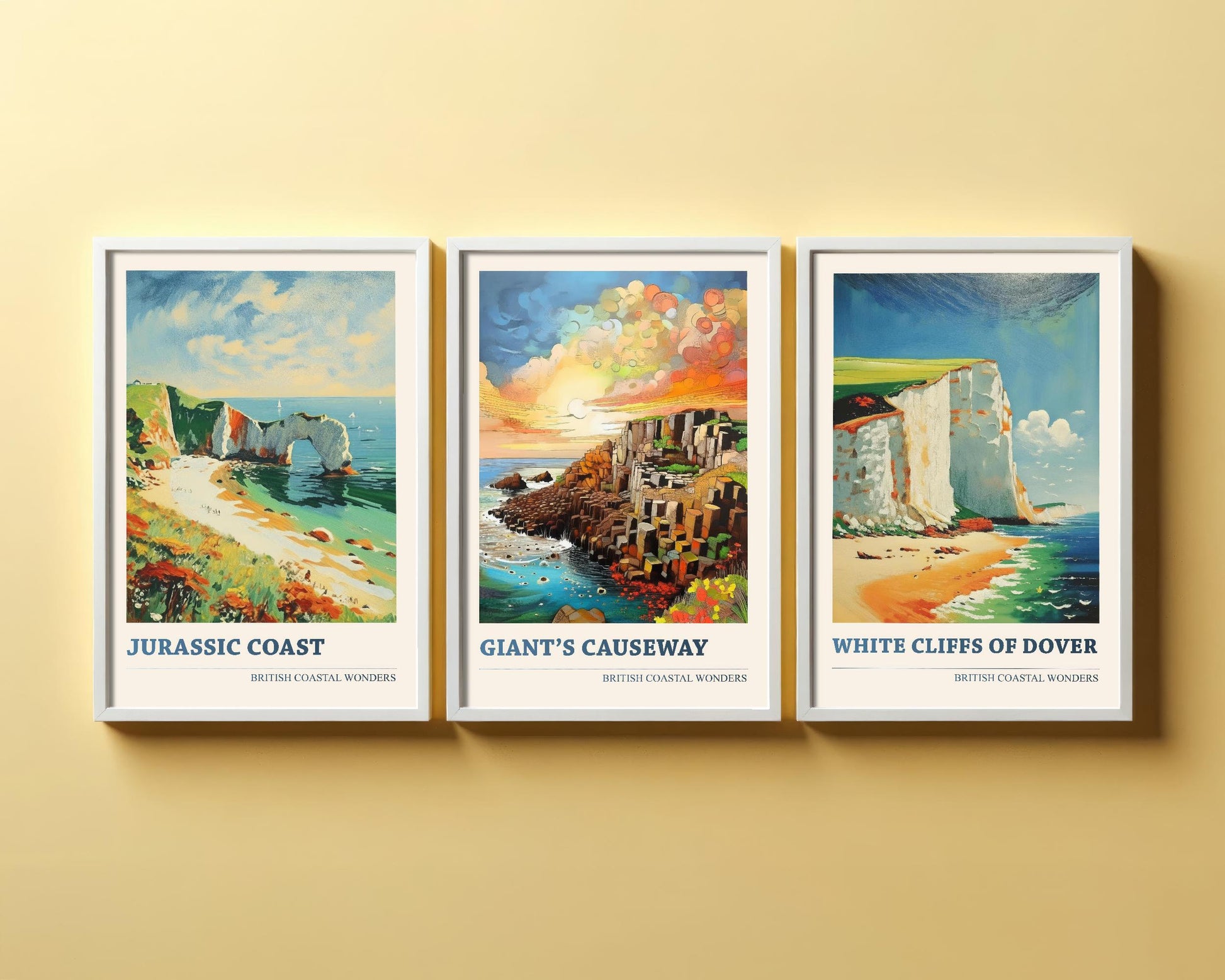 British Coastal Wonders Set of Three Vibrant Art Prints - Jurassic Coast, Giant's Causeway, White Cliffs of Dover - 3 Posters Painting