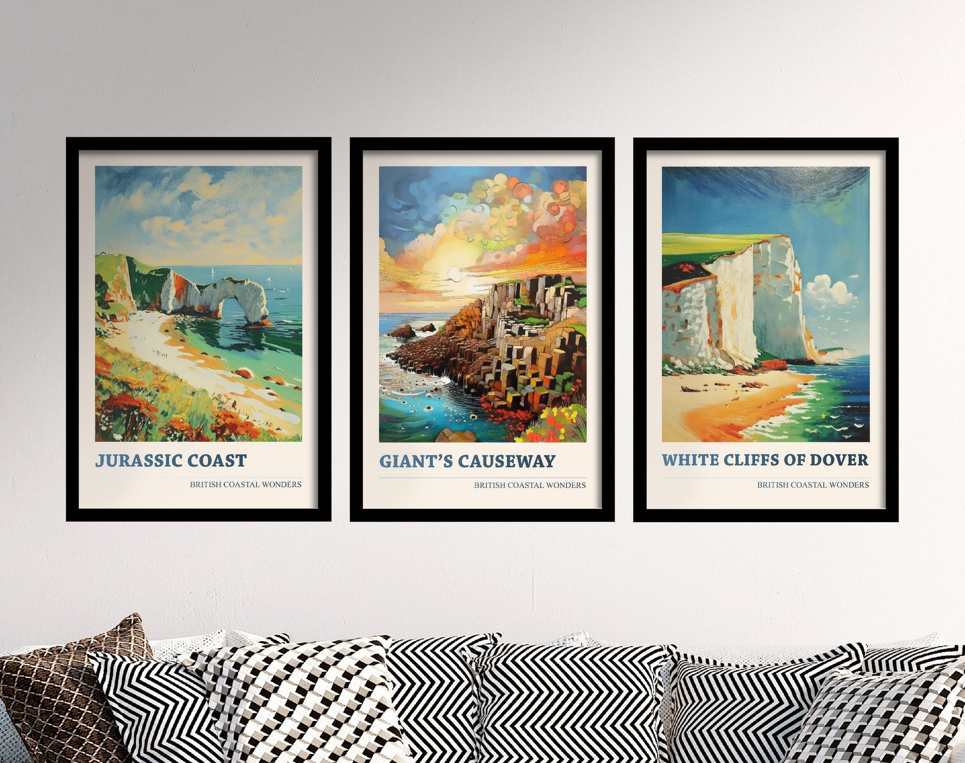 British Coastal Wonders Set of Three Vibrant Art Prints - Jurassic Coast, Giant's Causeway, White Cliffs of Dover - 3 Posters Painting