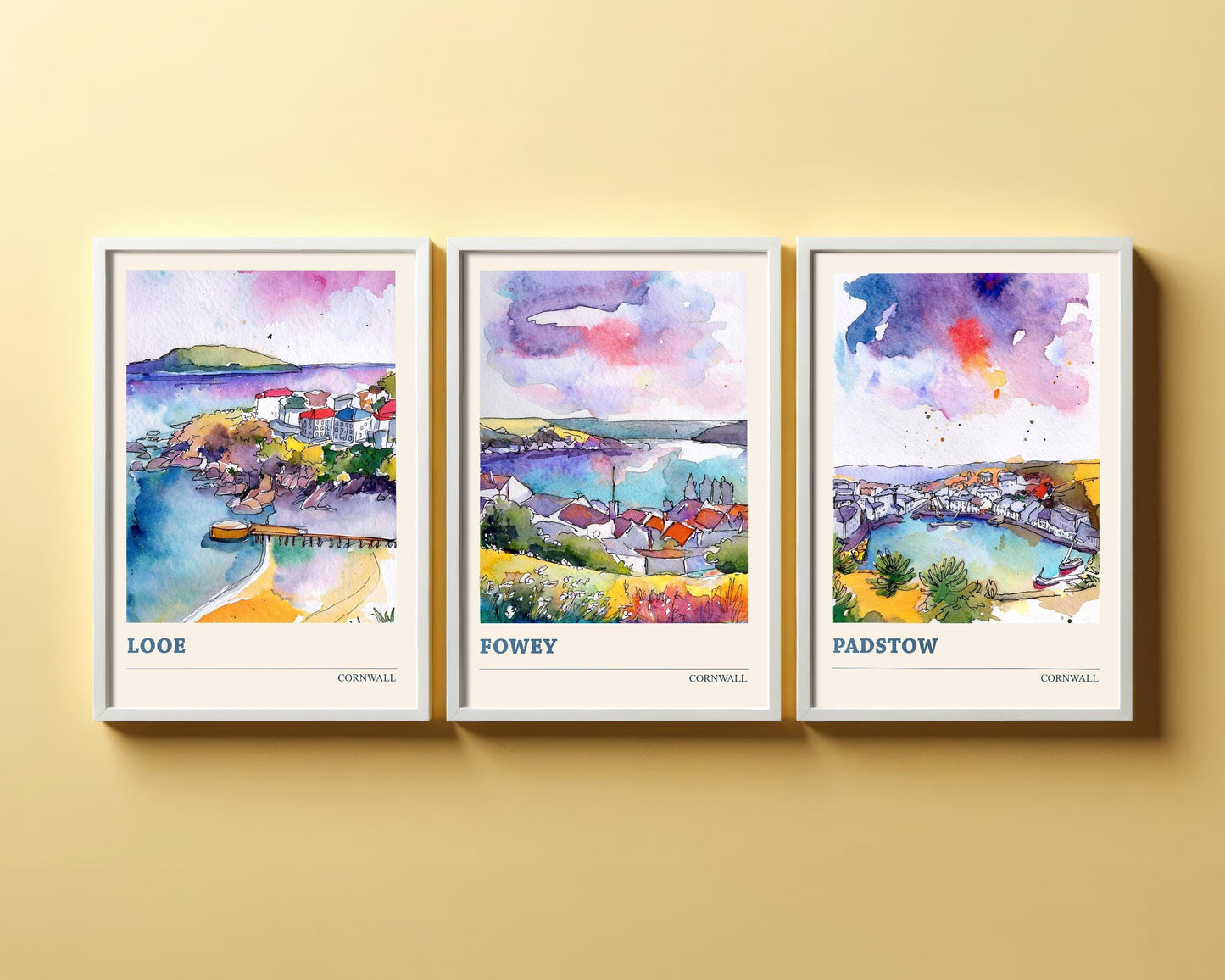 Set of Three Watercolour Paintings of Looe, Fowey and Padstow - Cornwall Art Prints Colourful Paintings - Set of 3 Home Wall Décor Posters