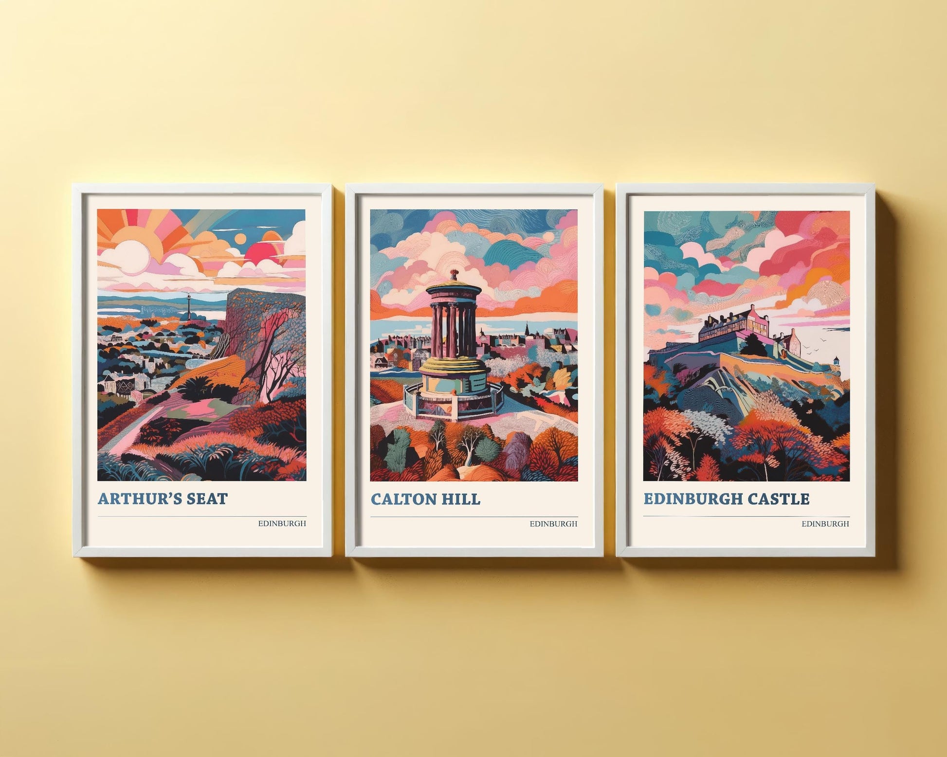 Set of Three Edinburgh Posters - Arthur's Seat, Calton Hill & Edinburgh Castle - 3 Abstract Colourful Art Prints Painting Illustration