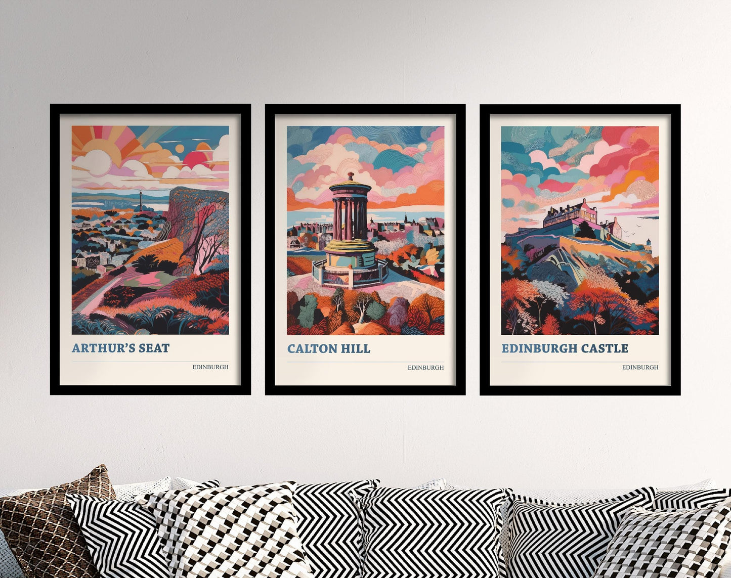 Set of Three Edinburgh Posters - Arthur's Seat, Calton Hill & Edinburgh Castle - 3 Abstract Colourful Art Prints Painting Illustration