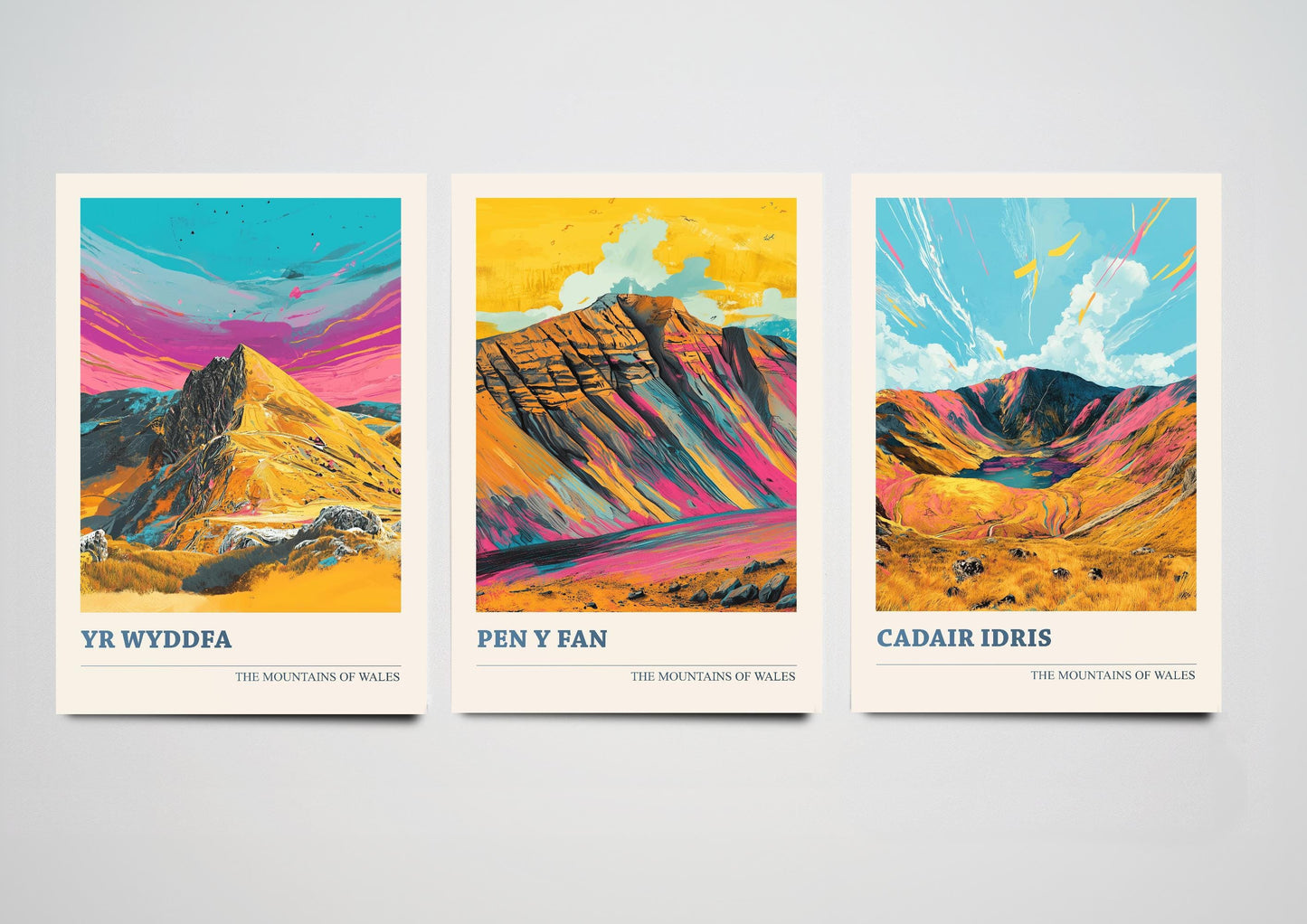 Set of Three Peaks of Wales Travel Posters V4 - Cadair Idris, Yr Wyddfa, Pen y Fan - 3 Art Prints Photo Painting Illustration Gift Visit Map