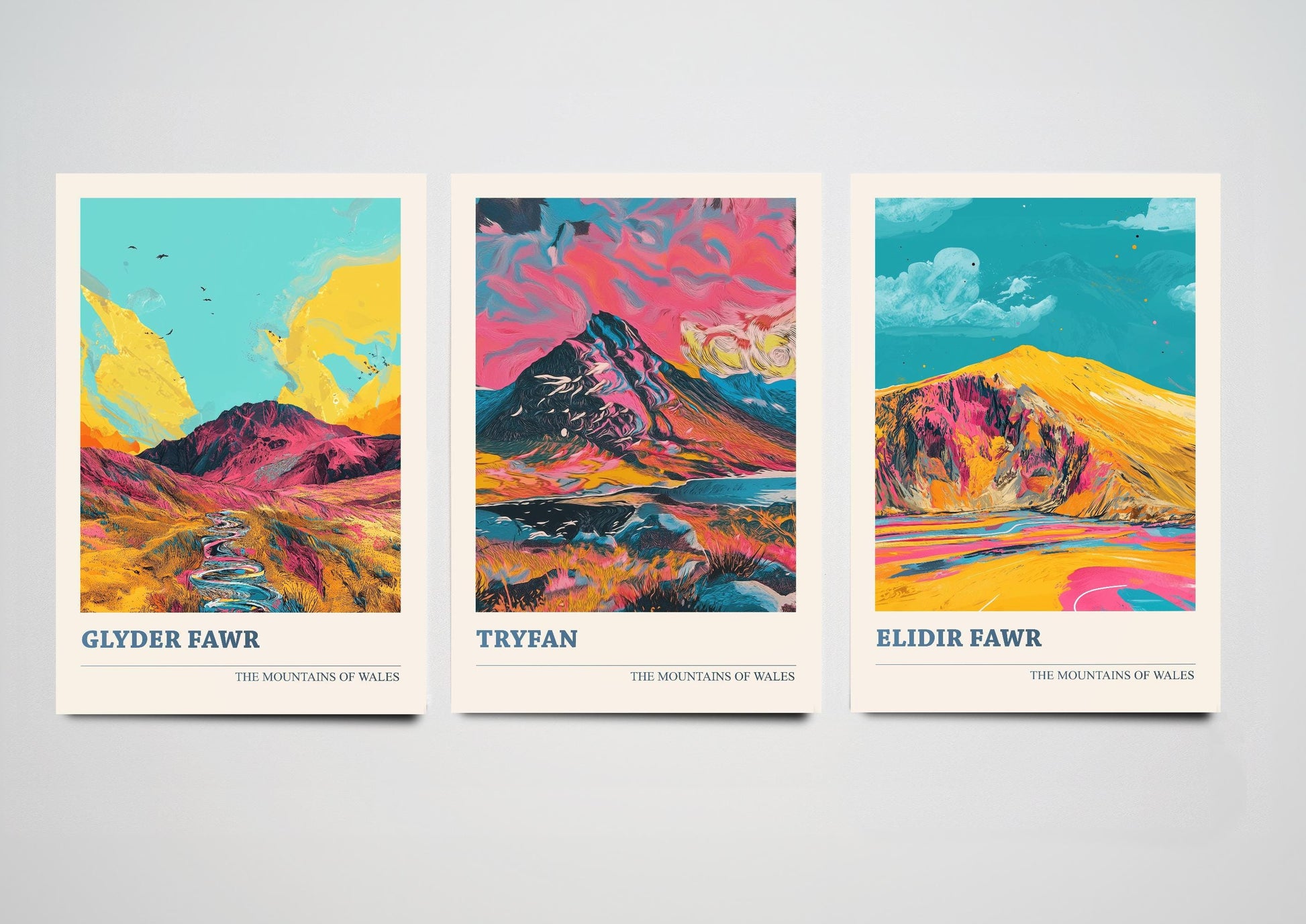 The Tryfan Collection - Set of Three Welsh Mountain Art Prints - Glyder, Elidir Fawr Posters - 3 Photo Painting Illustration Gift Visit Map