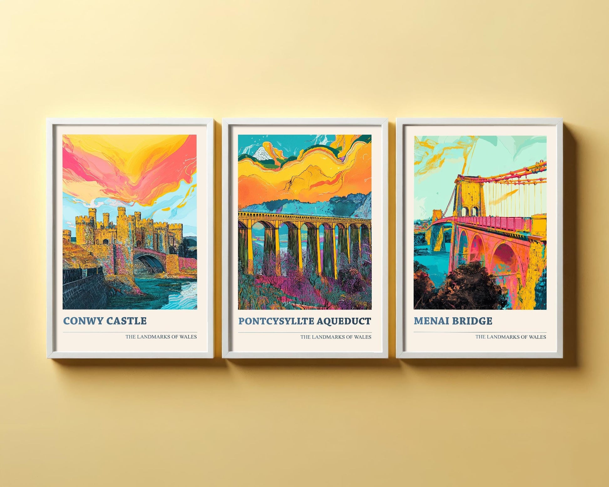 Landmarks of Wales Set of Three Art Prints - Conwy Castle, Pontcysyllte Aqueduct, Menai Bridge Posters - 3 Photo Painting Illustration Visit