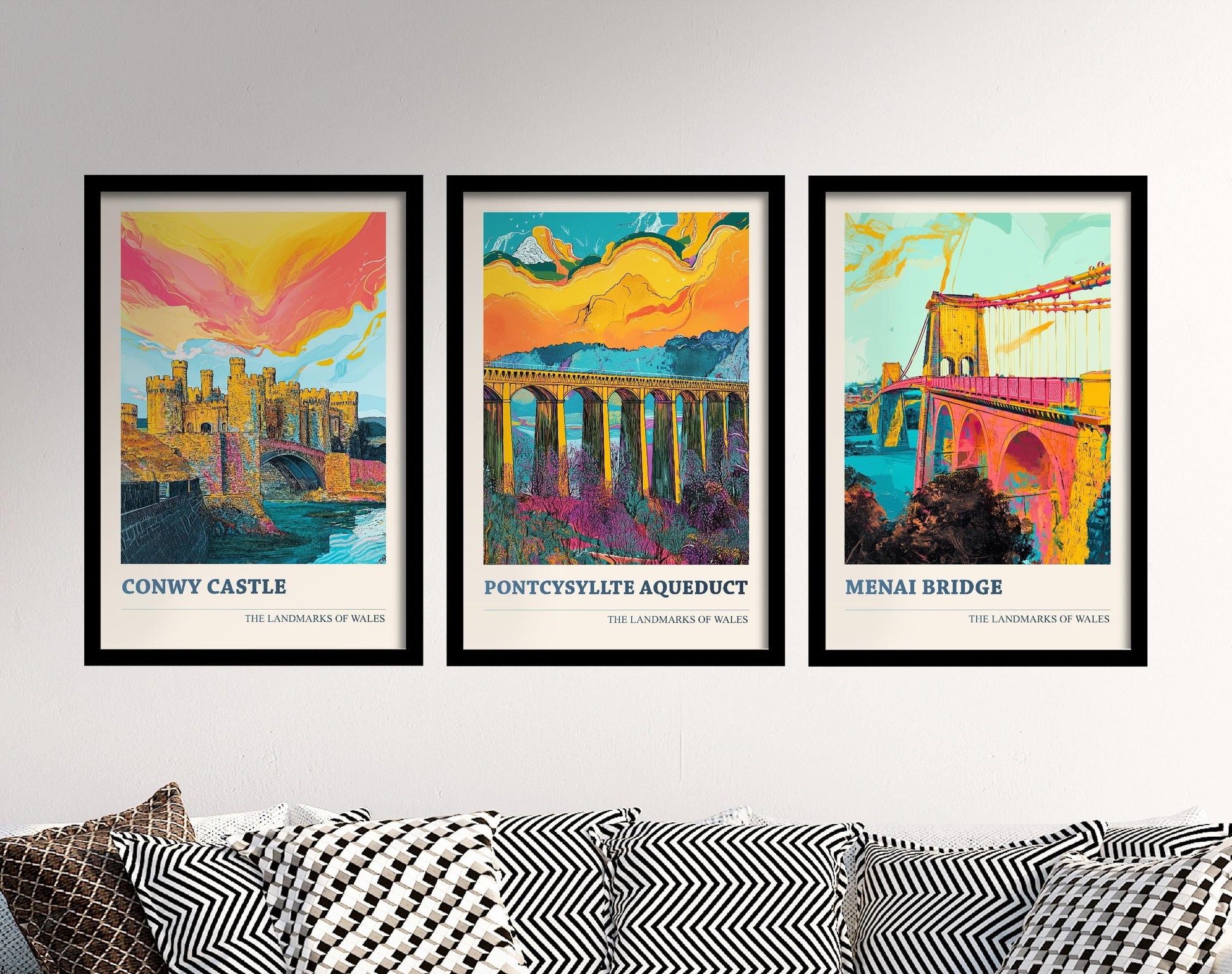 Landmarks of Wales Set of Three Art Prints - Conwy Castle, Pontcysyllte Aqueduct, Menai Bridge Posters - 3 Photo Painting Illustration Visit