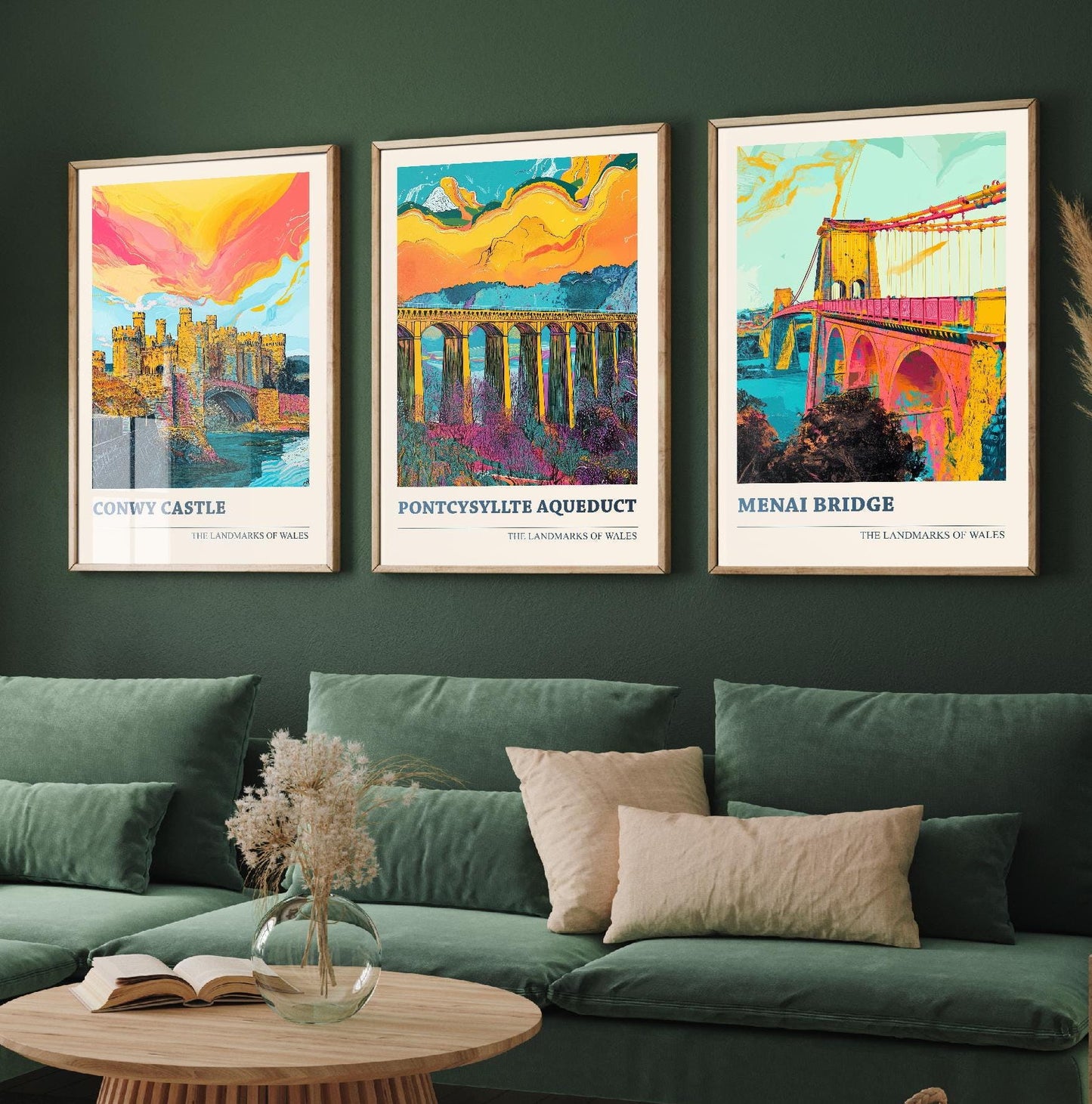 Landmarks of Wales Set of Three Art Prints - Conwy Castle, Pontcysyllte Aqueduct, Menai Bridge Posters - 3 Photo Painting Illustration Visit