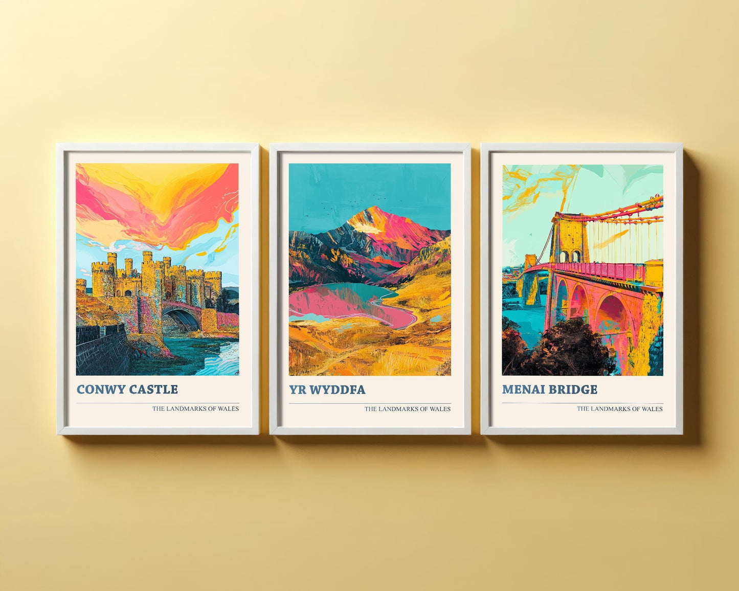 Conwy Castle, Yr Wyddfa & Menai Bridge Set of Three Colourful Art Prints - North Wales Posters 3 Welsh Painting Landmarks Visit Paintings