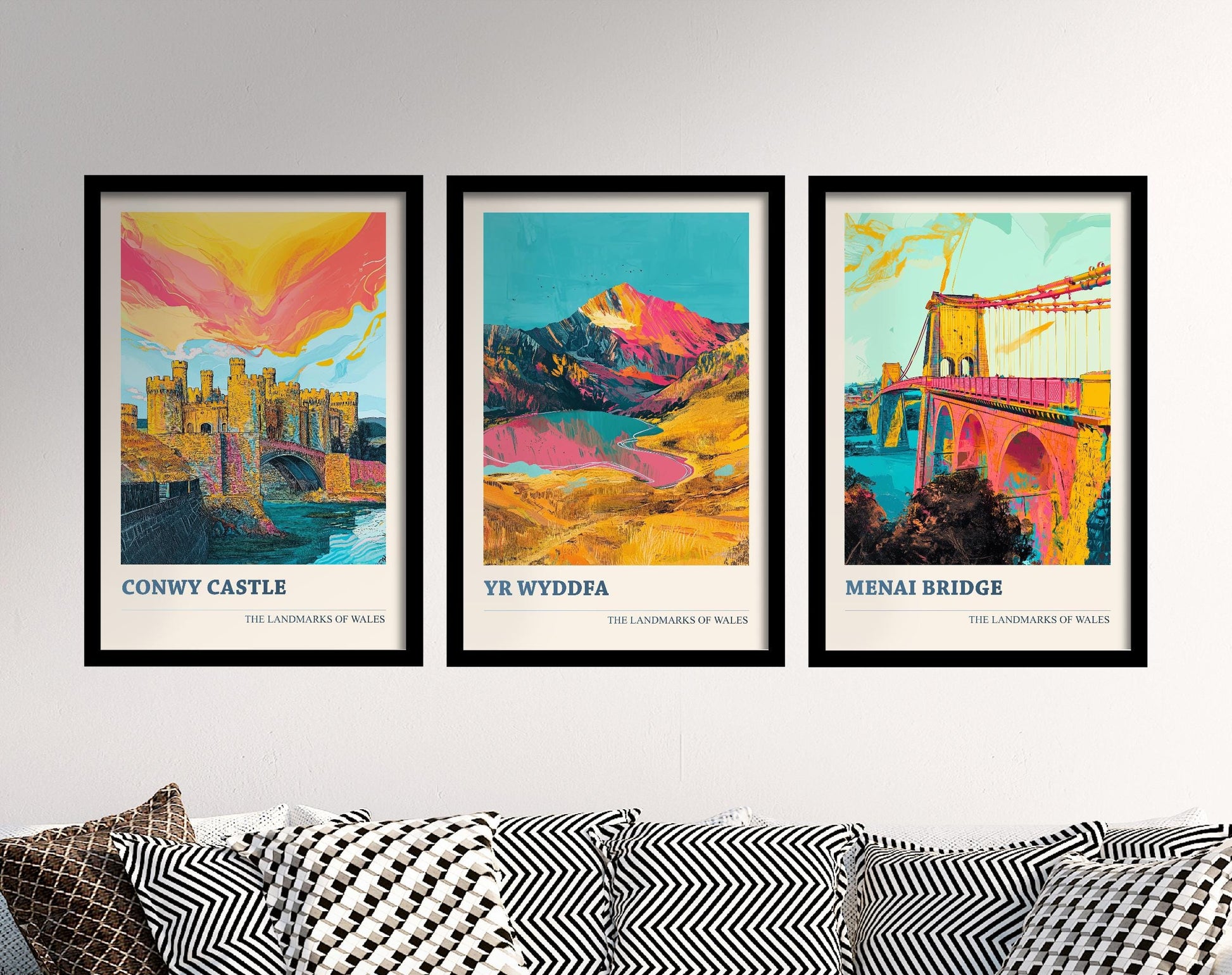 Conwy Castle, Yr Wyddfa & Menai Bridge Set of Three Colourful Art Prints - North Wales Posters 3 Welsh Painting Landmarks Visit Paintings