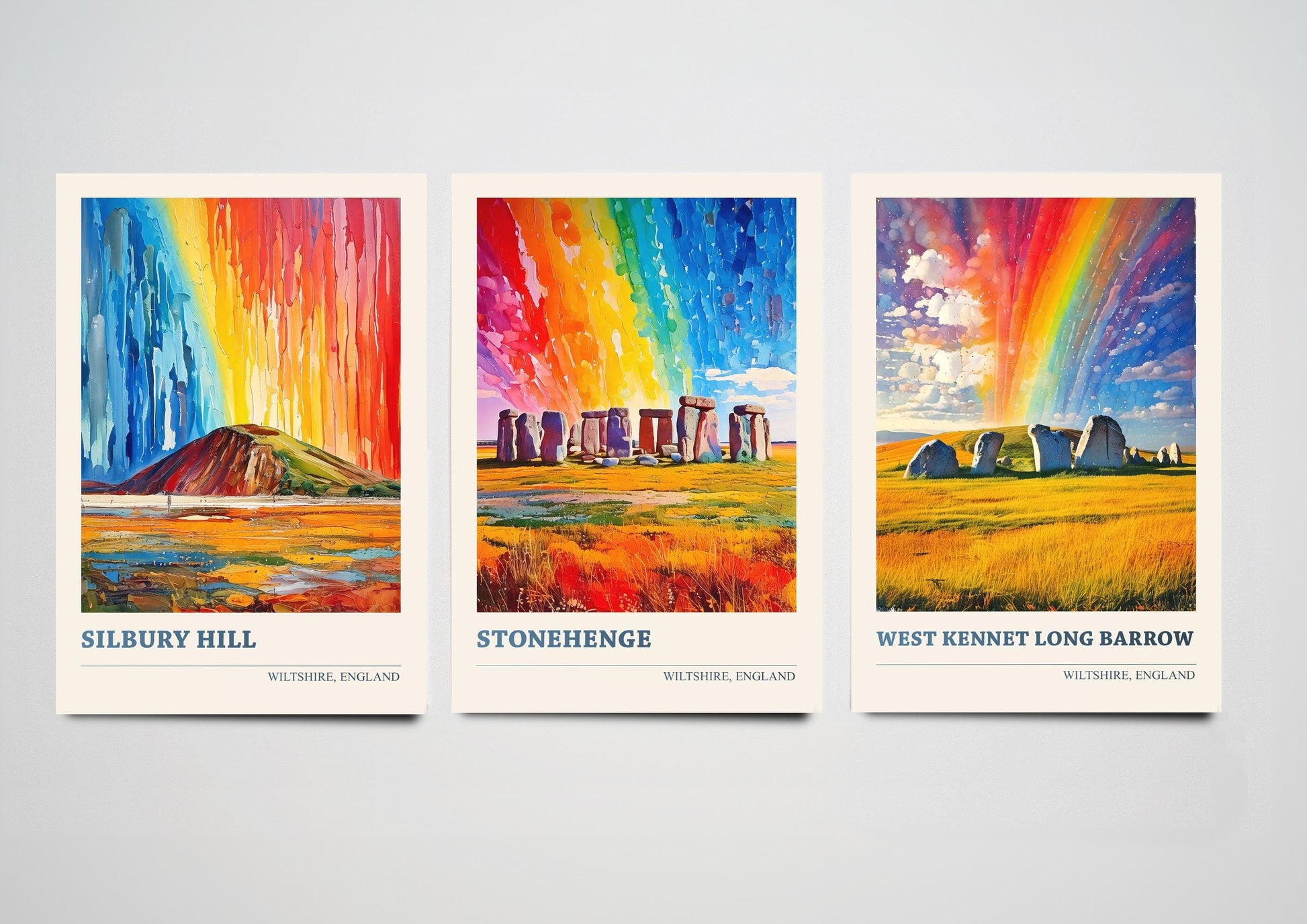 Set of Three Wiltshire Posters - Silbury Hill, Stonehenge & West Kennet Long Barrow - Art Print Painting Photo Gift Visit England Monument