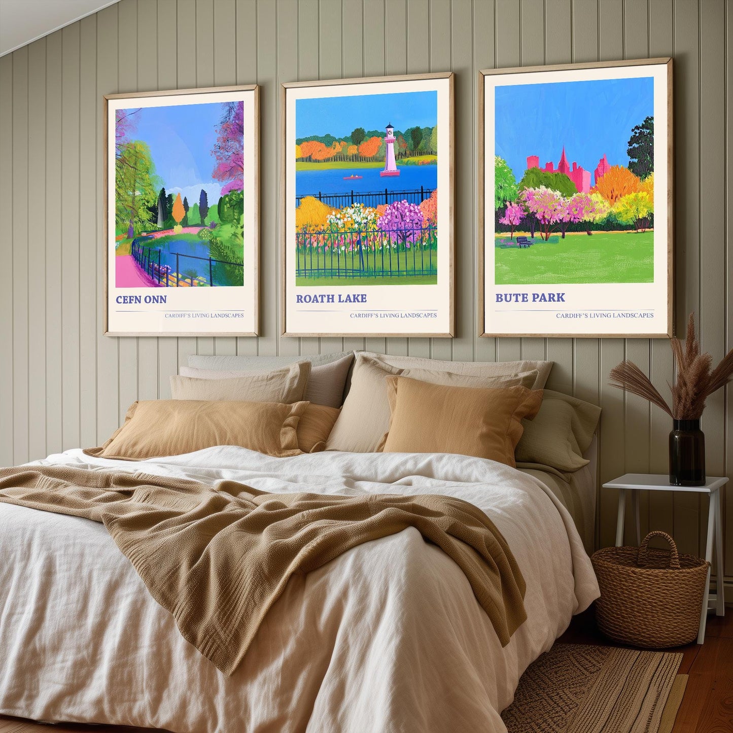 Cardiff's Living Landscapes - Set of Three Art Prints - Cefn Onn, Roath Lake, Bute Park Posters - 3 Photo Painting Illustration Gift Wales