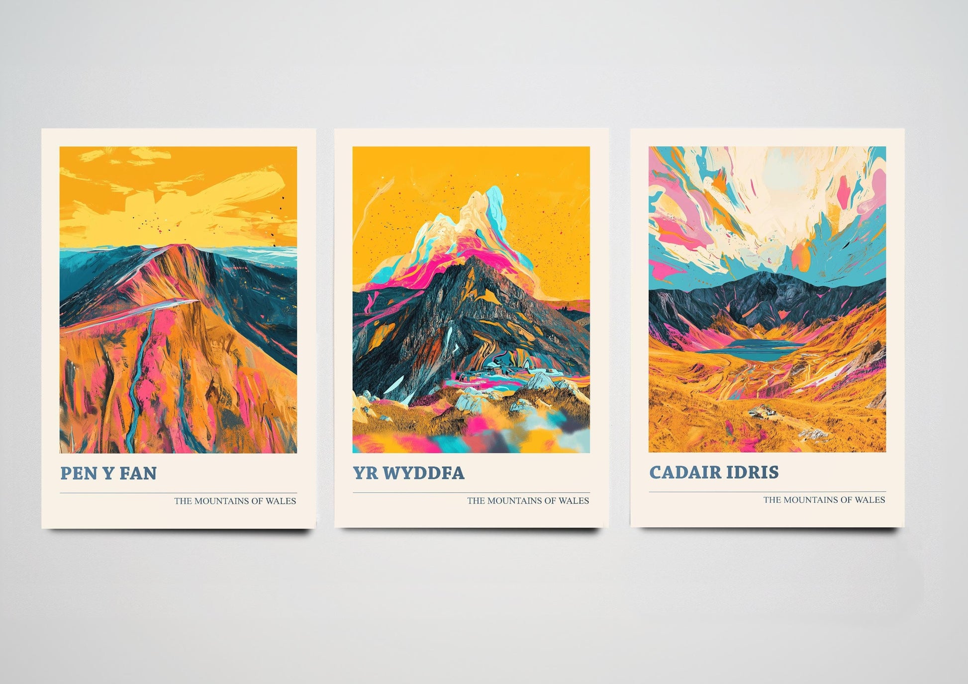 Set of Three Peaks of Wales Travel Posters V3 - Cadair Idris, Yr Wyddfa, Pen y Fan - 3 Art Prints Photo Painting Illustration Gift Visit Map