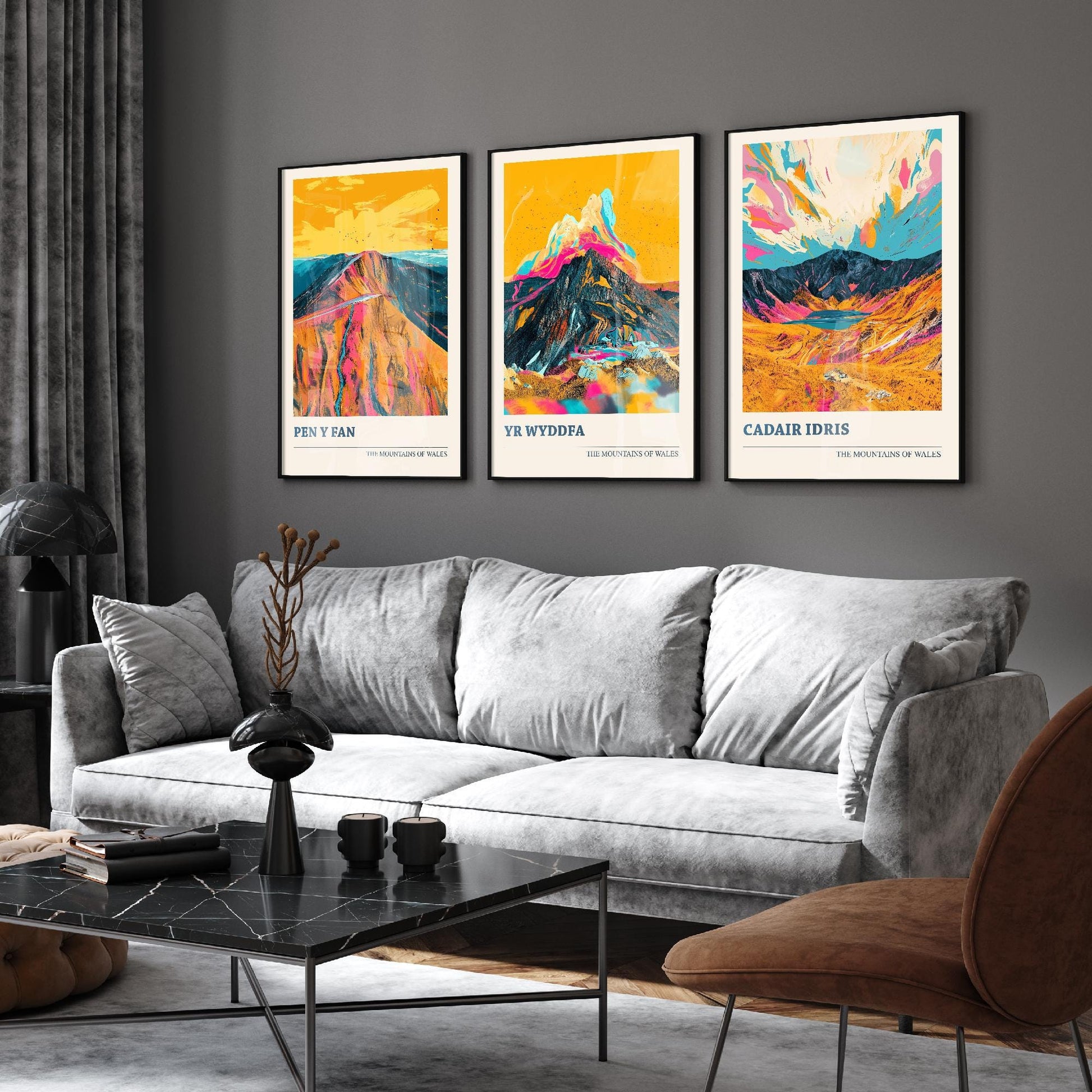 Set of Three Peaks of Wales Travel Posters V3 - Cadair Idris, Yr Wyddfa, Pen y Fan - 3 Art Prints Photo Painting Illustration Gift Visit Map