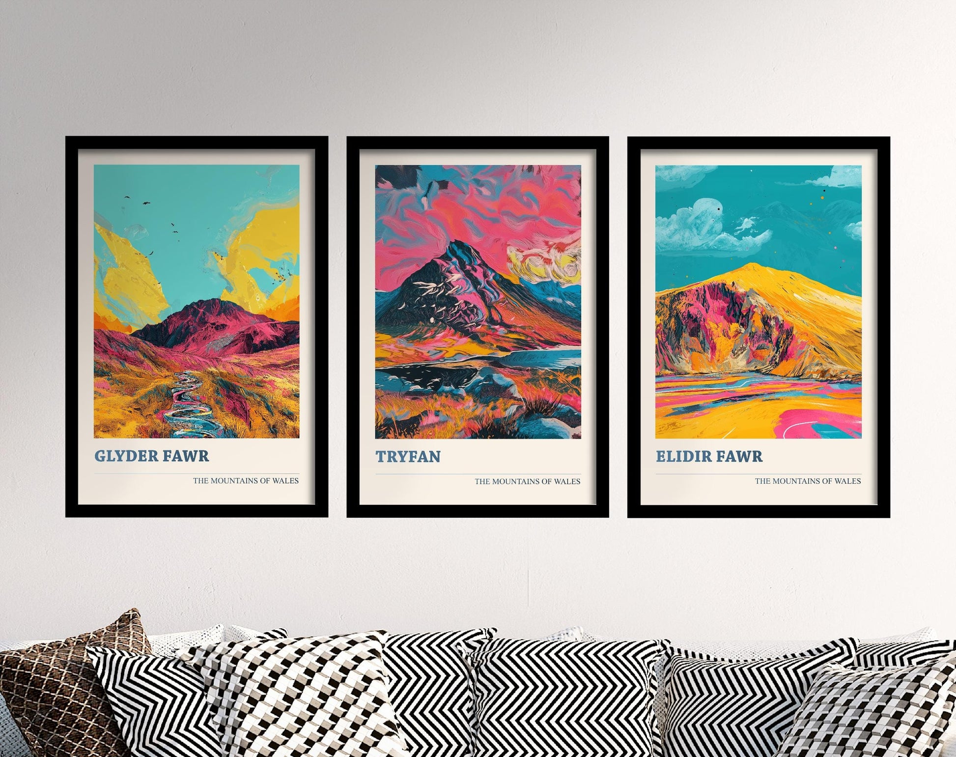 Set of Three Peaks of Wales Travel Posters V3 - Cadair Idris, Yr Wyddfa, Pen y Fan - 3 Art Prints Photo Painting Illustration Gift Visit Map