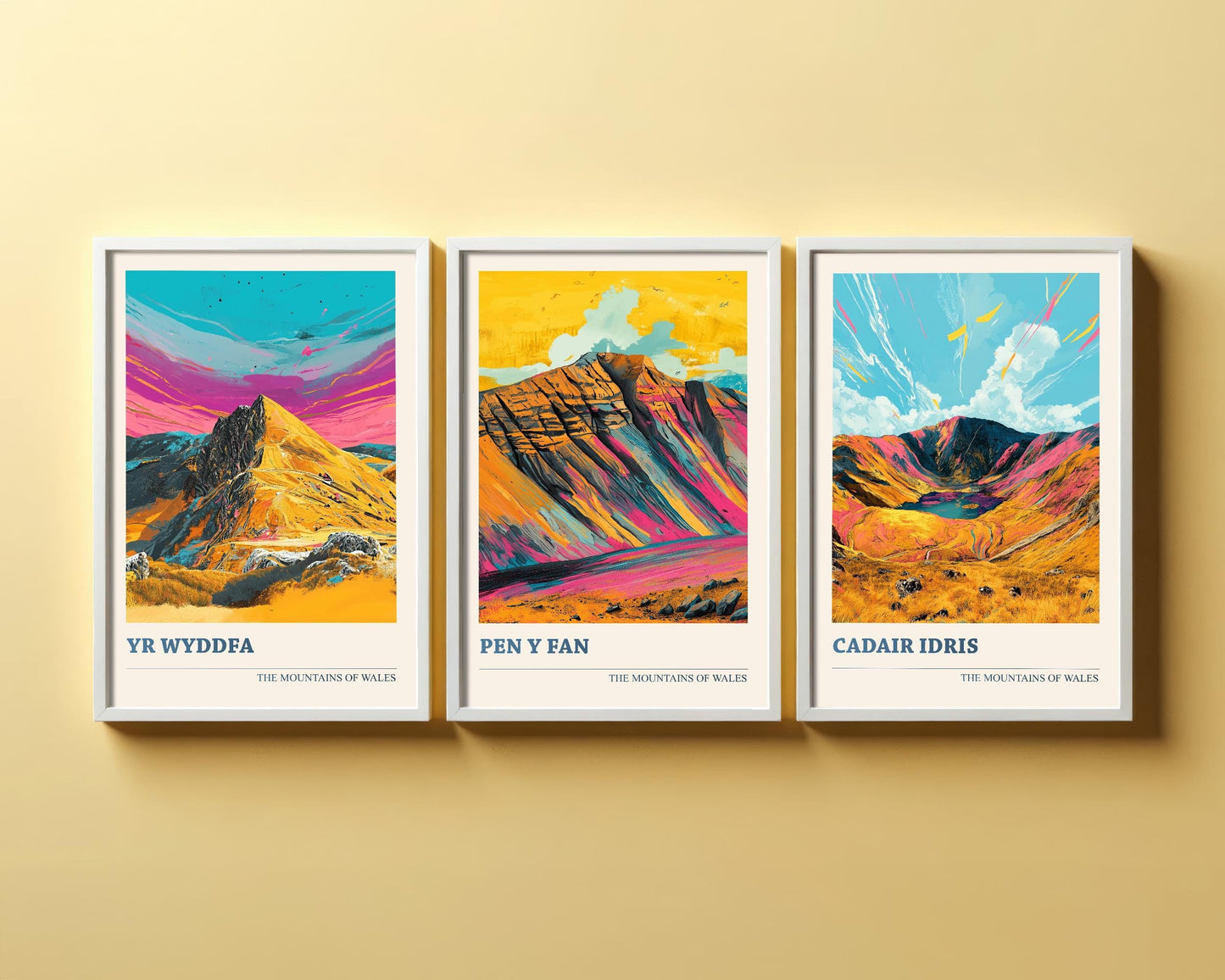 Set of Three Peaks of Wales Travel Posters V4 - Cadair Idris, Yr Wyddfa, Pen y Fan - 3 Art Prints Photo Painting Illustration Gift Visit Map