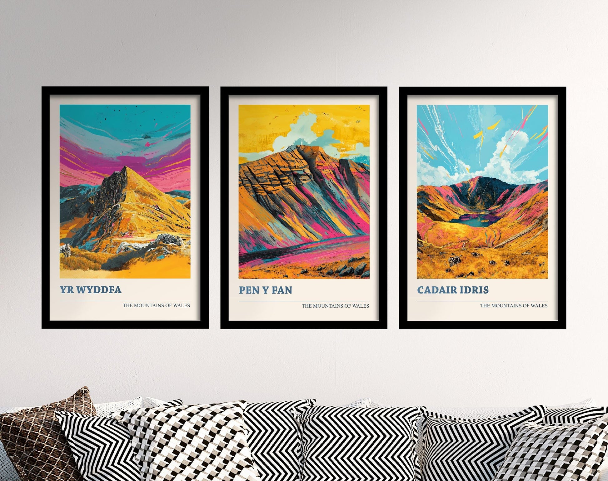 Set of Three Peaks of Wales Travel Posters V4 - Cadair Idris, Yr Wyddfa, Pen y Fan - 3 Art Prints Photo Painting Illustration Gift Visit Map