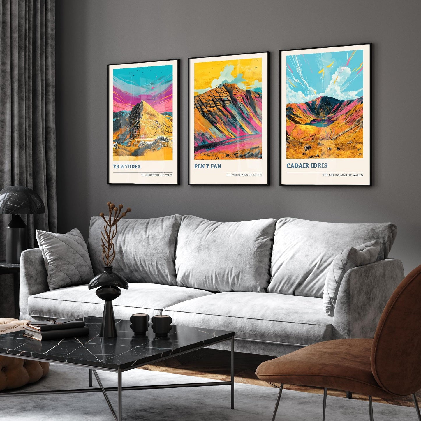 Set of Three Peaks of Wales Travel Posters V4 - Cadair Idris, Yr Wyddfa, Pen y Fan - 3 Art Prints Photo Painting Illustration Gift Visit Map