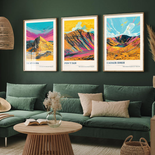 Set of Three Peaks of Wales Travel Posters V4 - Cadair Idris, Yr Wyddfa, Pen y Fan - 3 Art Prints Photo Painting Illustration Gift Visit Map