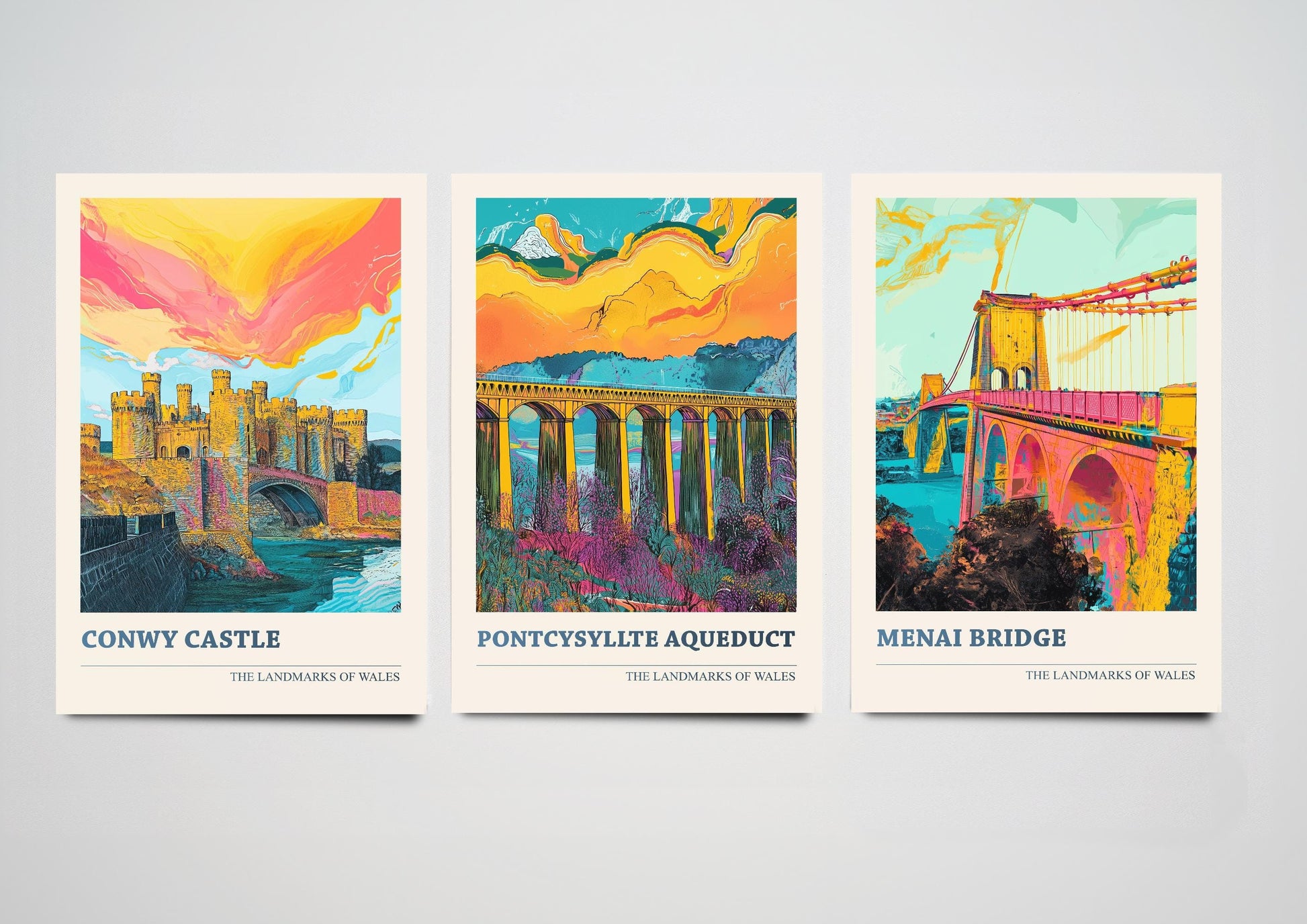 Landmarks of Wales Set of Three Art Prints - Conwy Castle, Pontcysyllte Aqueduct, Menai Bridge Posters - 3 Photo Painting Illustration Visit