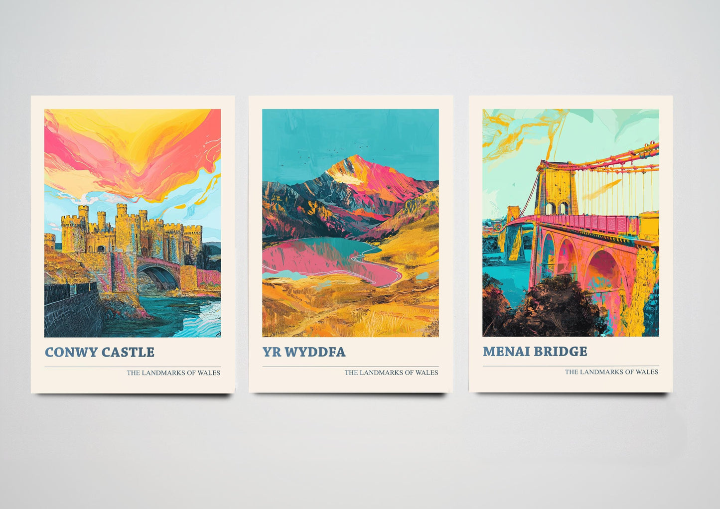 Conwy Castle, Yr Wyddfa & Menai Bridge Set of Three Colourful Art Prints - North Wales Posters 3 Welsh Painting Landmarks Visit Paintings