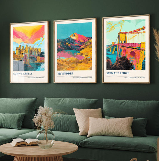 Conwy Castle, Yr Wyddfa & Menai Bridge Set of Three Colourful Art Prints - North Wales Posters 3 Welsh Painting Landmarks Visit Paintings