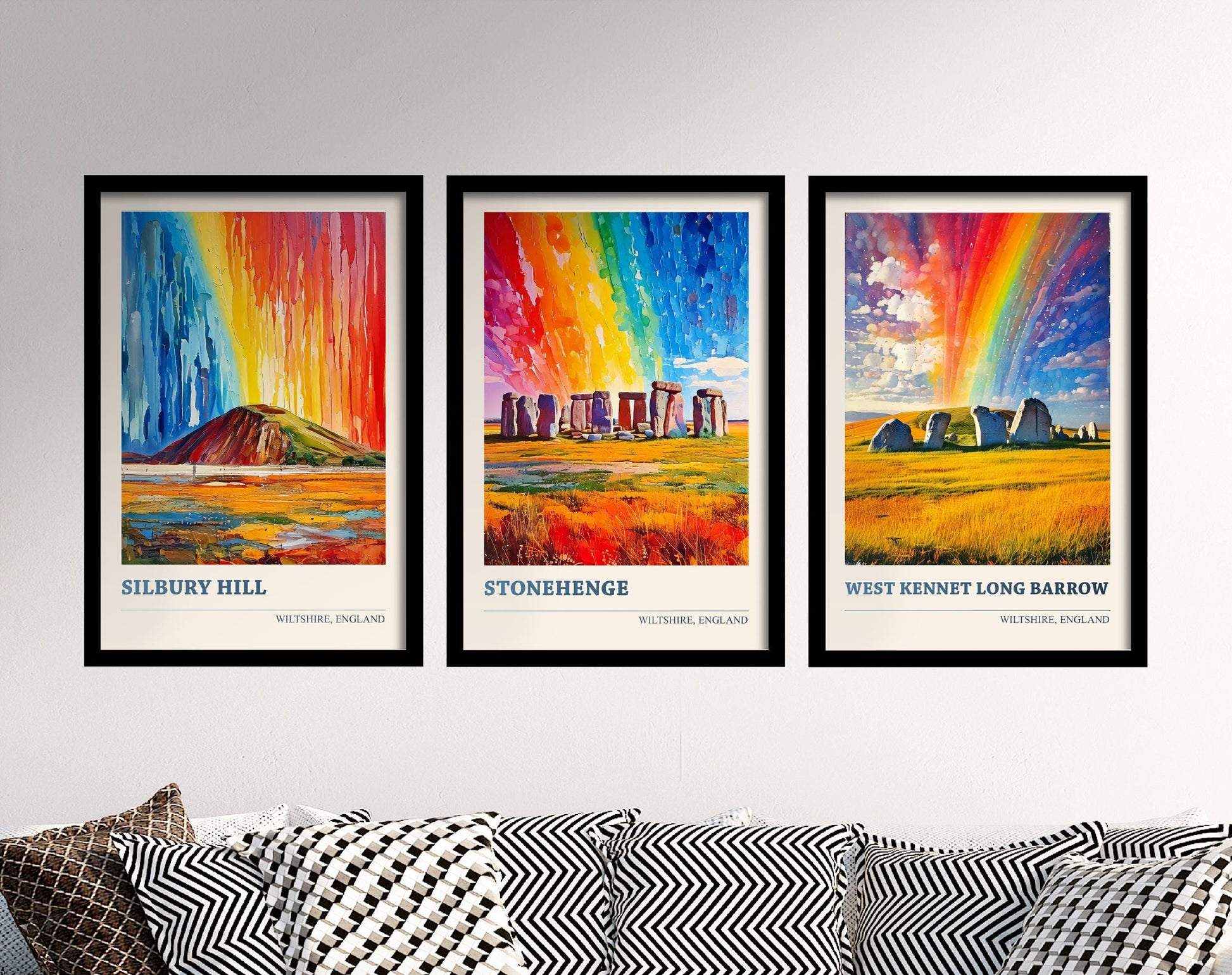 Set of Three Wiltshire Posters - Silbury Hill, Stonehenge & West Kennet Long Barrow - Art Print Painting Photo Gift Visit England Monument