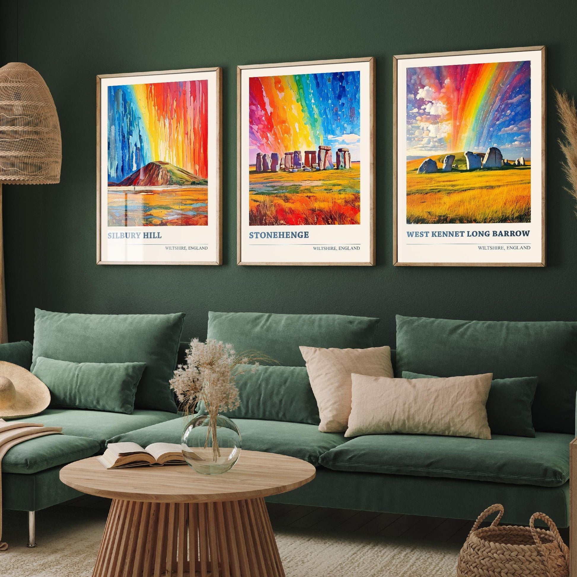 Set of Three Wiltshire Posters - Silbury Hill, Stonehenge & West Kennet Long Barrow - Art Print Painting Photo Gift Visit England Monument