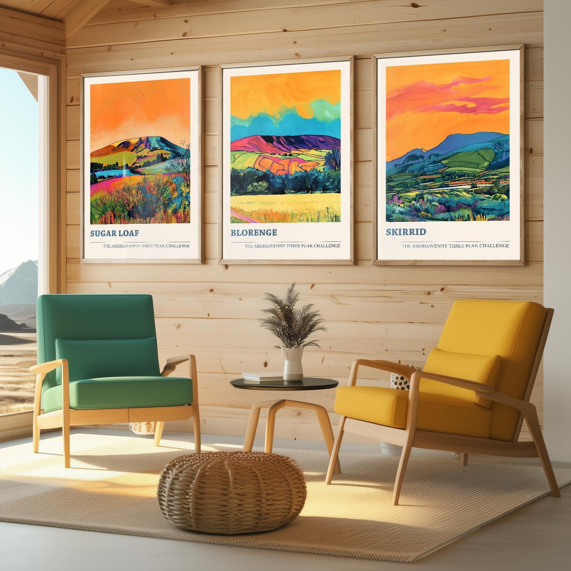 The Abergavenny Three Peaks Challenge - Set of Three Art Prints - 3 Posters - Sugar Loaf, Skirrid & Blorenge Mountain Painting Orange Jet