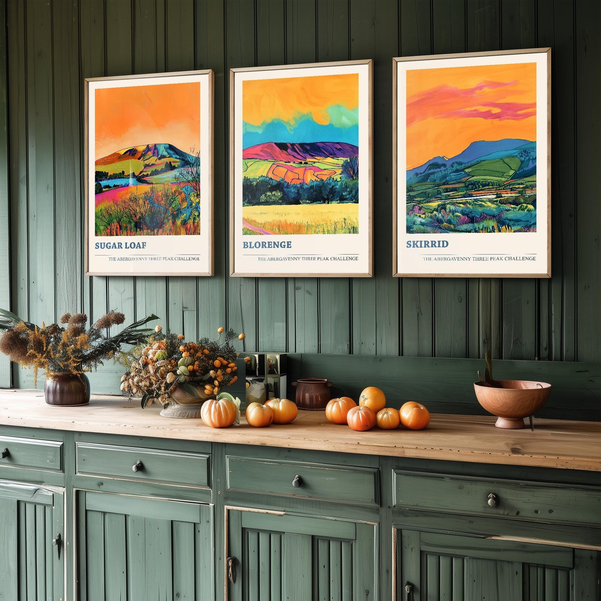 The Abergavenny Three Peaks Challenge - Set of Three Art Prints - 3 Posters - Sugar Loaf, Skirrid & Blorenge Mountain Painting Orange Jet