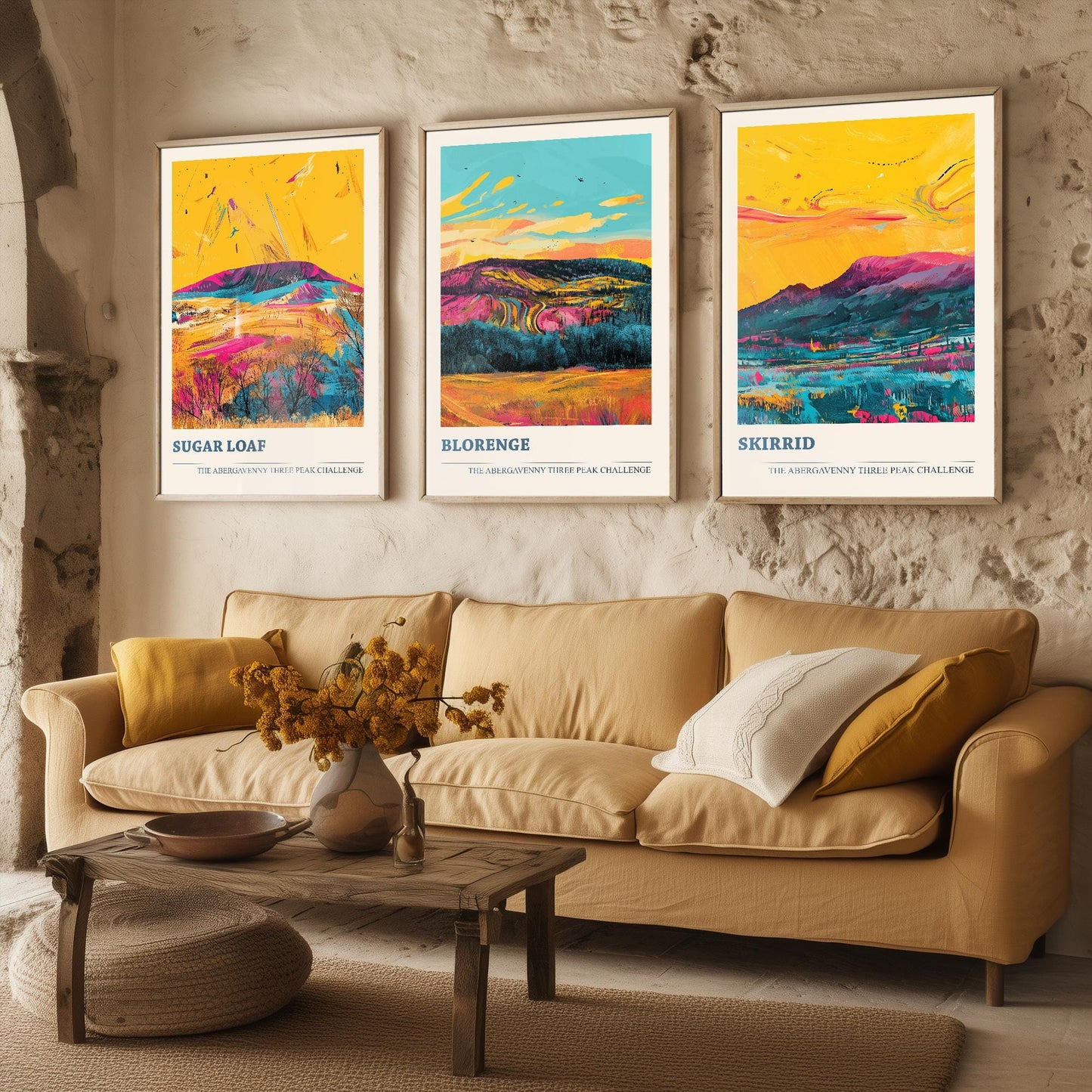 The Abergavenny Three Peaks Challenge - Set of Three Art Prints - 3 Posters - Sugar Loaf, Skirrid & Blorenge Mountain Painting Ludwig Flow