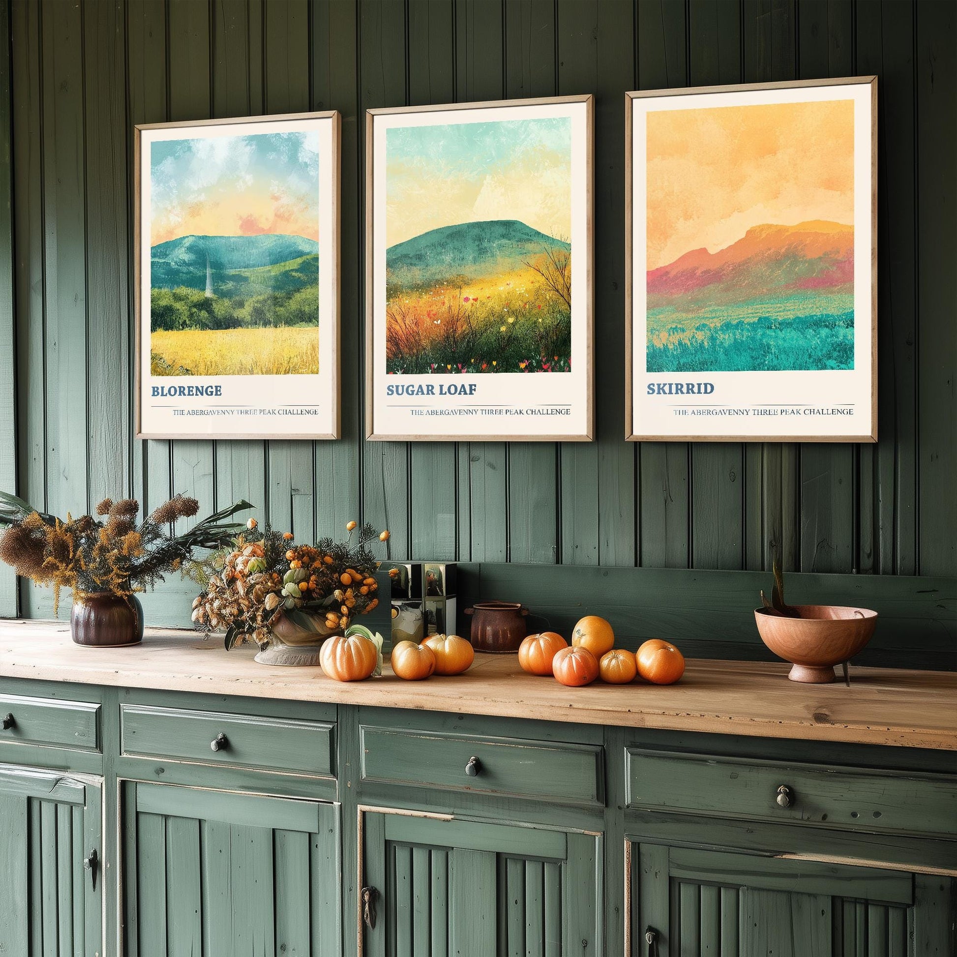 The Abergavenny Three Peaks Challenge - Set of Three Art Prints - 3 Posters - Sugar Loaf, Skirrid & Blorenge Mountain Painting Golden Calm