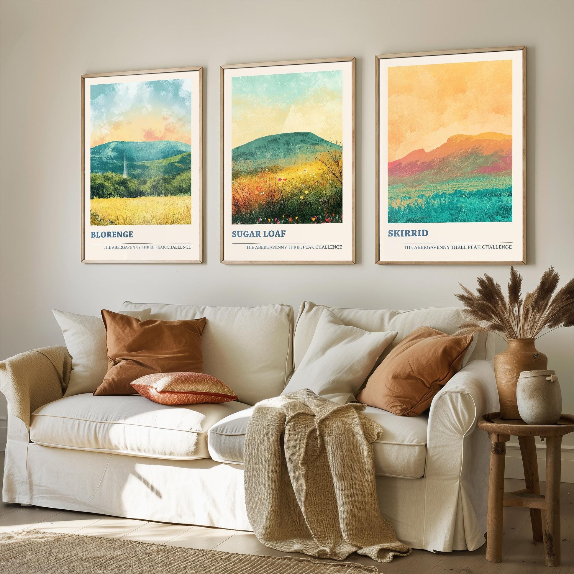 The Abergavenny Three Peaks Challenge - Set of Three Art Prints - 3 Posters - Sugar Loaf, Skirrid & Blorenge Mountain Painting Golden Calm