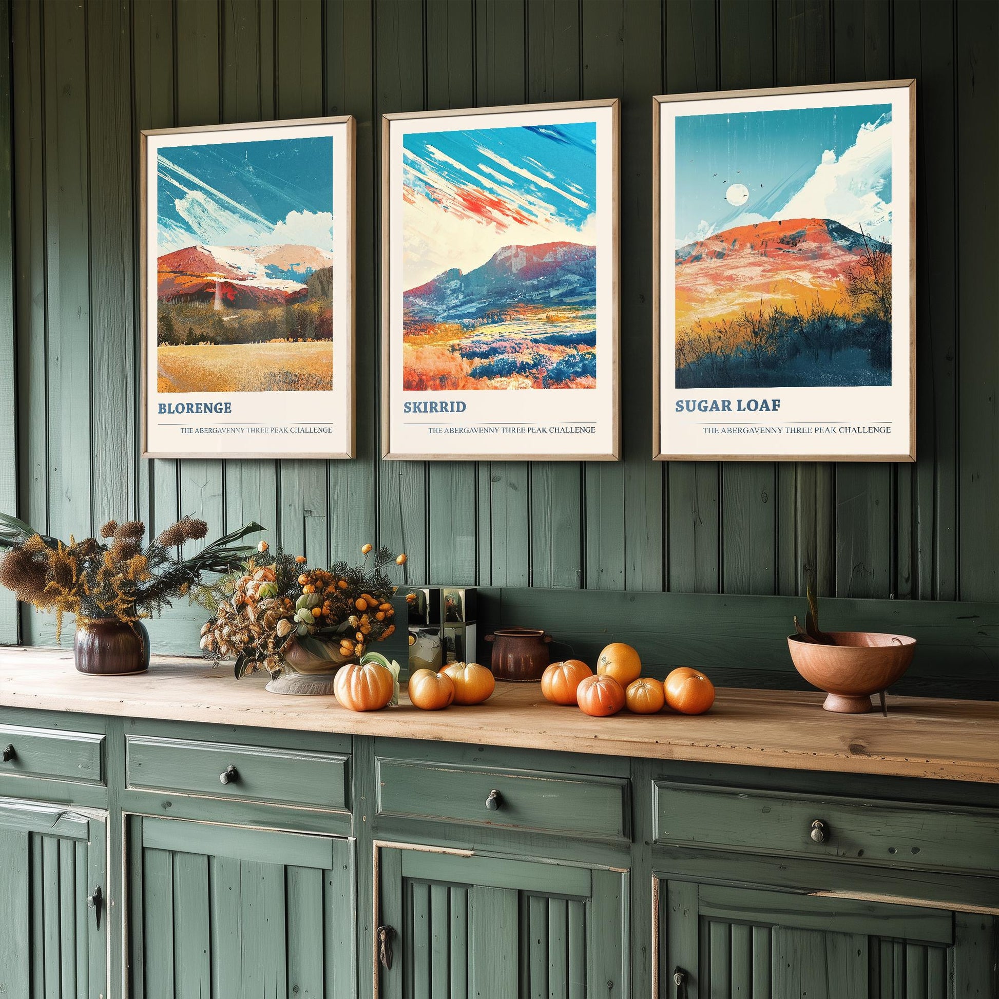 The Abergavenny Three Peaks Challenge - Set of Three Art Prints - 3 Posters - Sugar Loaf, Skirrid & Blorenge Mountain Painting Arctic Energy