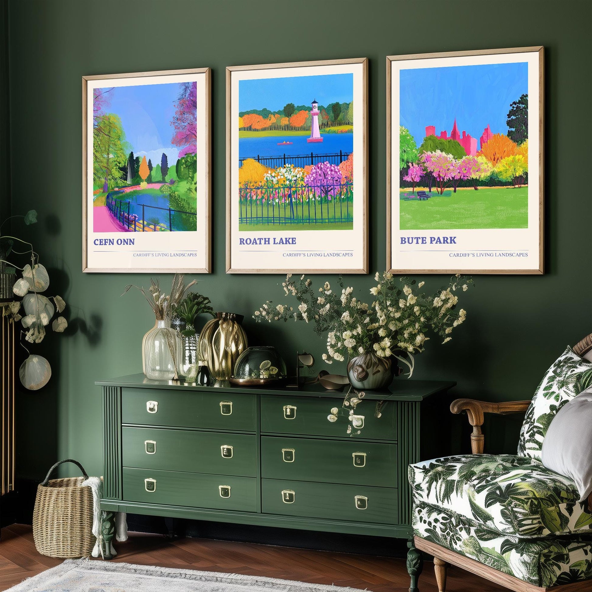 Cardiff's Living Landscapes - Set of Three Art Prints - Cefn Onn, Roath Lake, Bute Park Posters - 3 Photo Painting Illustration Gift Wales