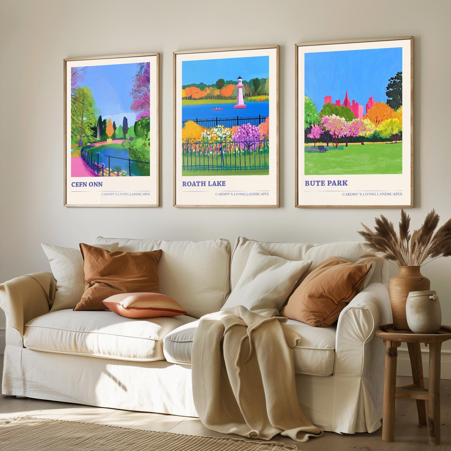 Cardiff's Living Landscapes - Set of Three Art Prints - Cefn Onn, Roath Lake, Bute Park Posters - 3 Photo Painting Illustration Gift Wales