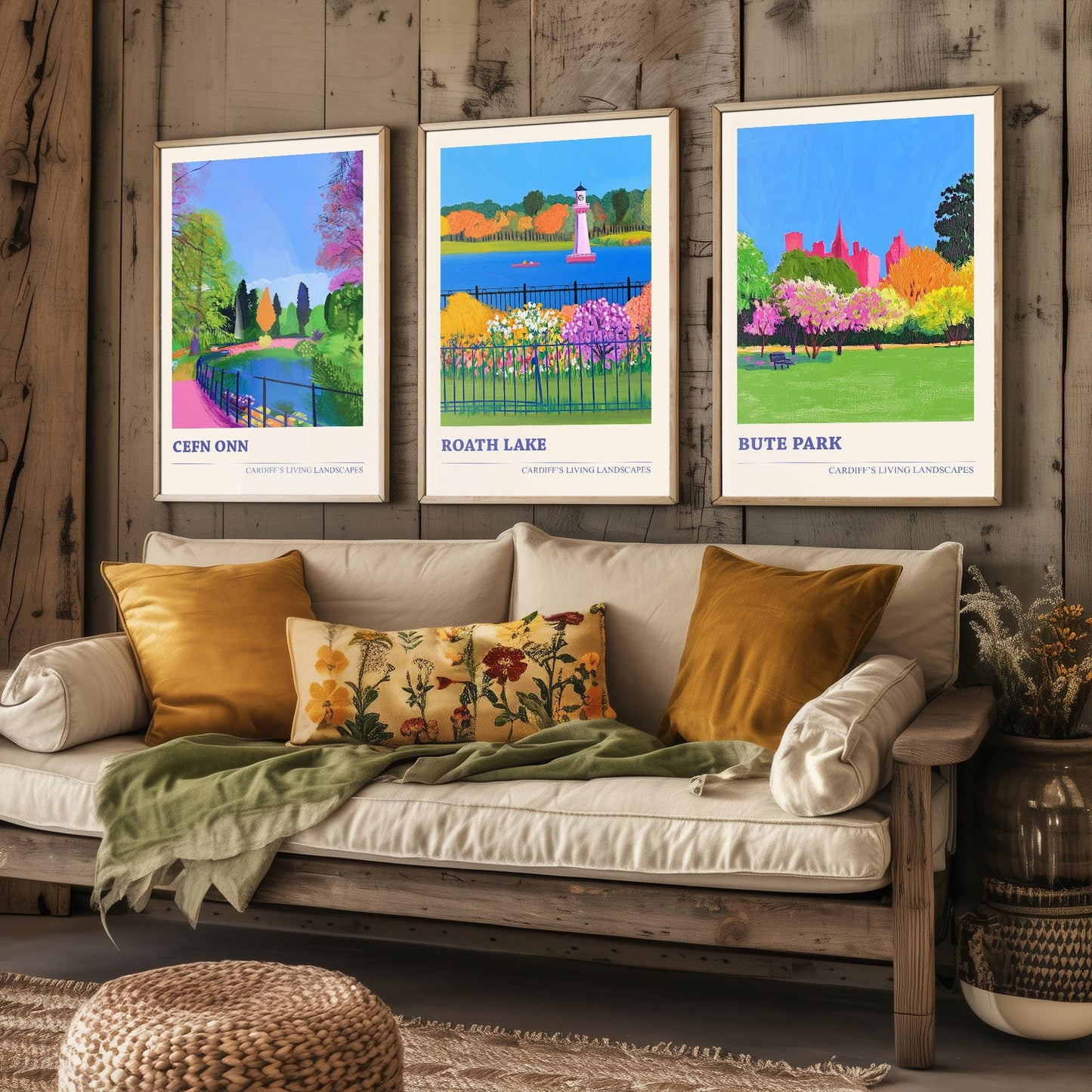 Cardiff's Living Landscapes - Set of Three Art Prints - Cefn Onn, Roath Lake, Bute Park Posters - 3 Photo Painting Illustration Gift Wales