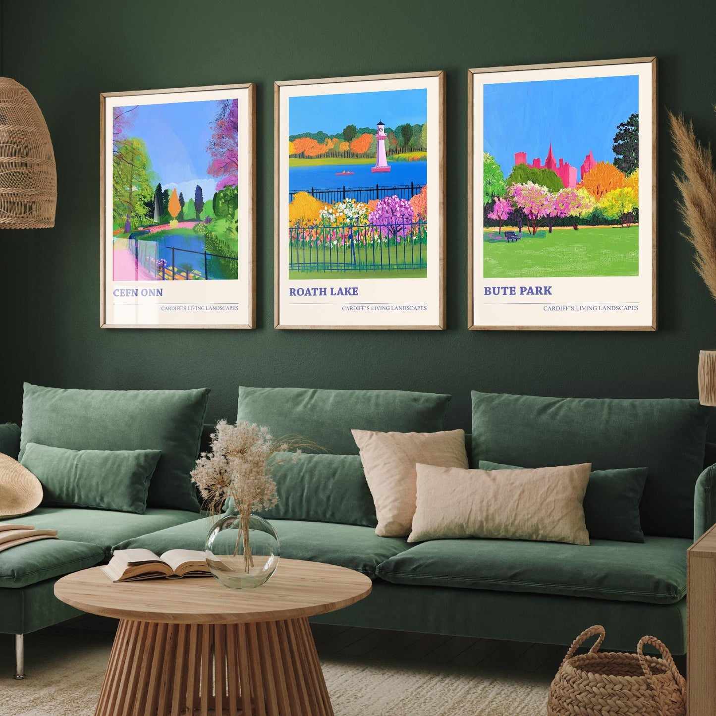 Cardiff's Living Landscapes - Set of Three Art Prints - Cefn Onn, Roath Lake, Bute Park Posters - 3 Photo Painting Illustration Gift Wales