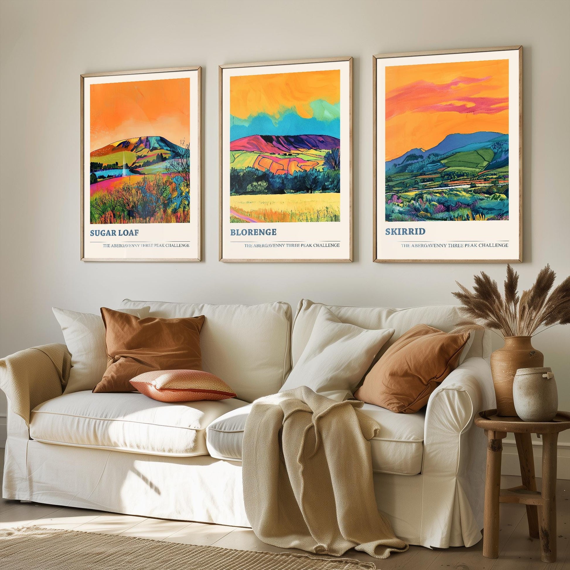 The Abergavenny Three Peaks Challenge - Set of Three Art Prints - 3 Posters - Sugar Loaf, Skirrid & Blorenge Mountain Painting Orange Jet