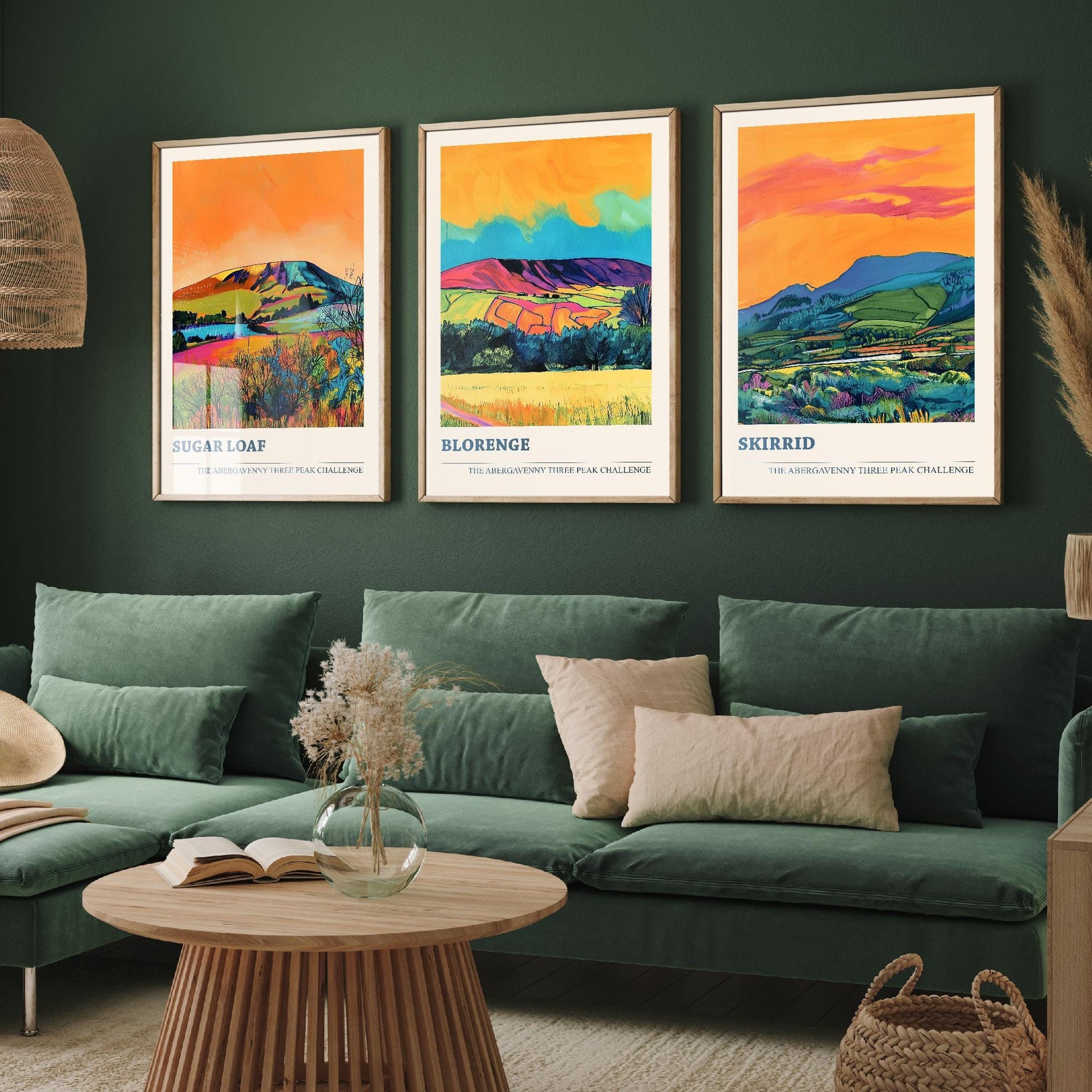 The Abergavenny Three Peaks Challenge - Set of Three Art Prints - 3 Posters - Sugar Loaf, Skirrid & Blorenge Mountain Painting Orange Jet