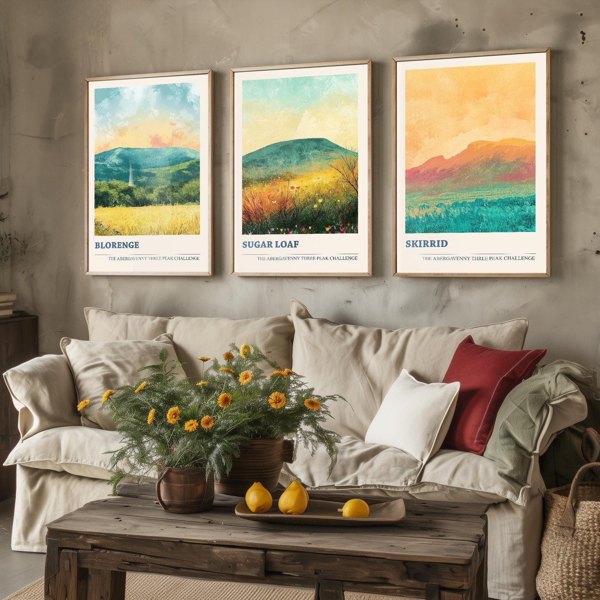 The Abergavenny Three Peaks Challenge - Set of Three Art Prints - 3 Posters - Sugar Loaf, Skirrid & Blorenge Mountain Painting Golden Calm