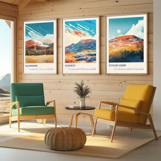 The Abergavenny Three Peaks Challenge - Set of Three Art Prints - 3 Posters - Sugar Loaf, Skirrid & Blorenge Mountain Painting Arctic Energy