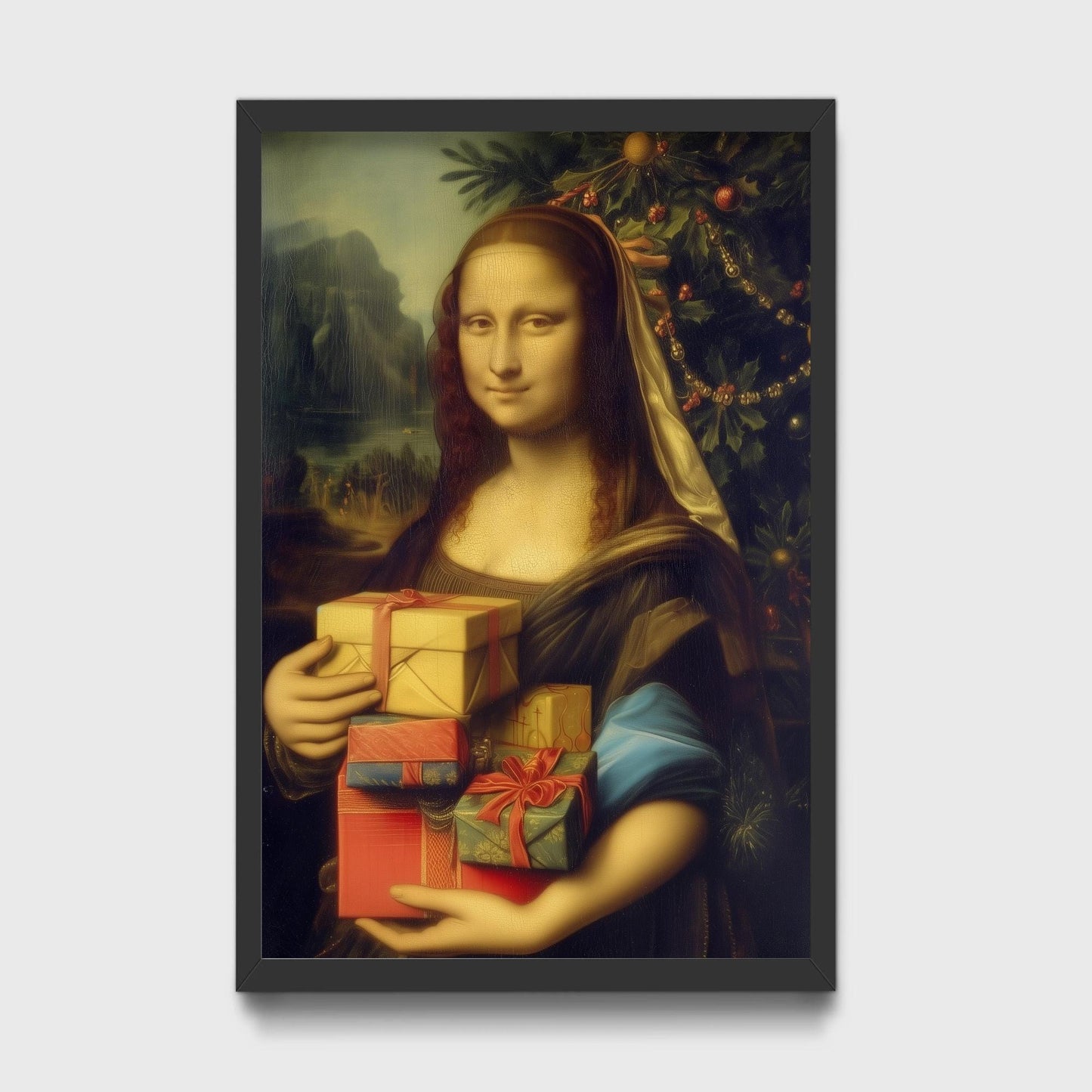 The Mona Gifting Christmas Presents - Leonardo da Vinci Inspired Funny Print - Painting Reimagined - Photo Poster Art Gift XMAS Gift Idea