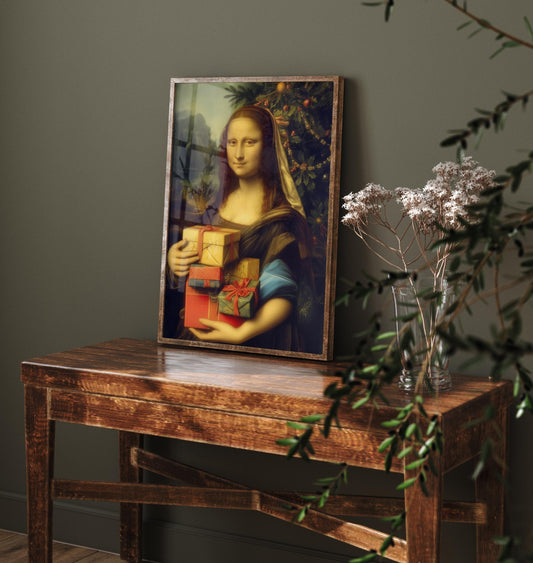 The Mona Gifting Christmas Presents - Leonardo da Vinci Inspired Funny Print - Painting Reimagined - Photo Poster Art Gift XMAS Gift Idea