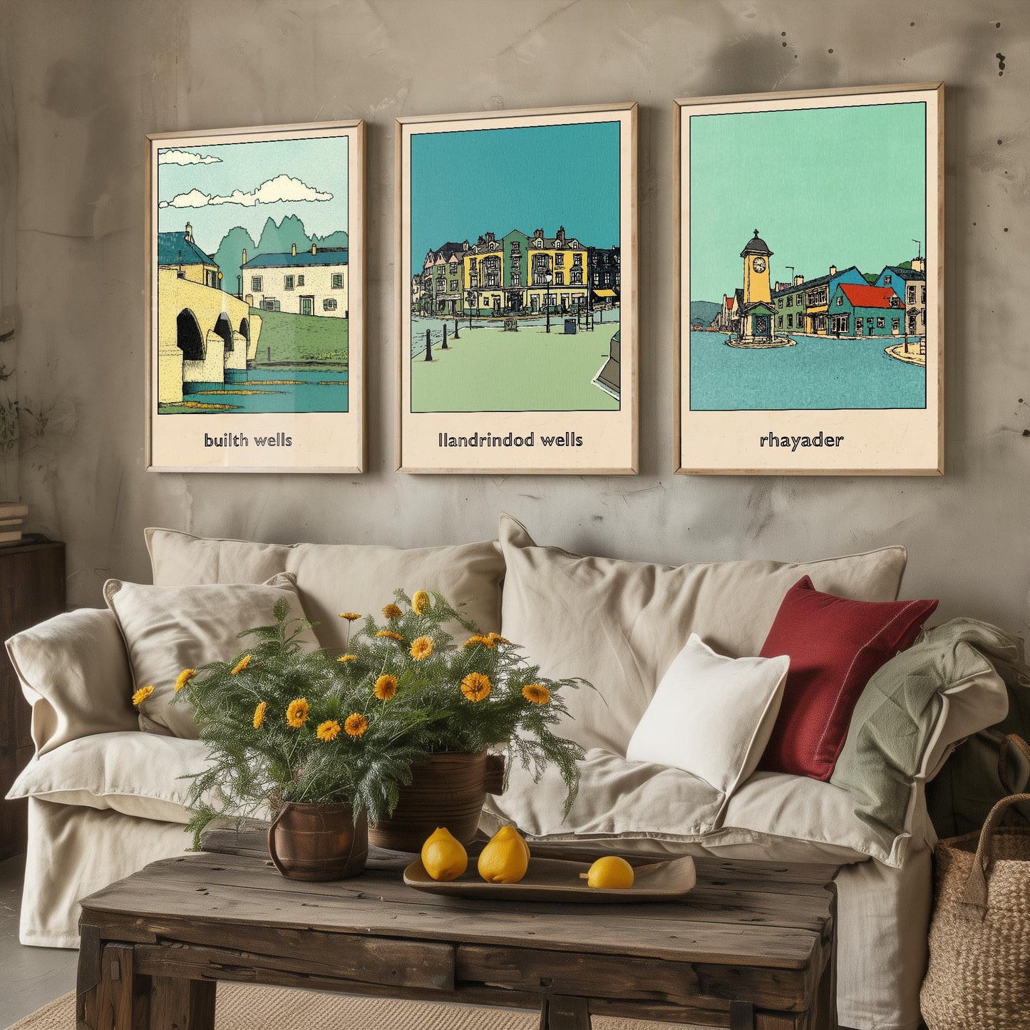 Towns of Mid Wales - Set of Three Art Prints - 3 Posters - Llandrindod Wells, Builth Wells, Rhayader - Painting Illustrations Travel Powys