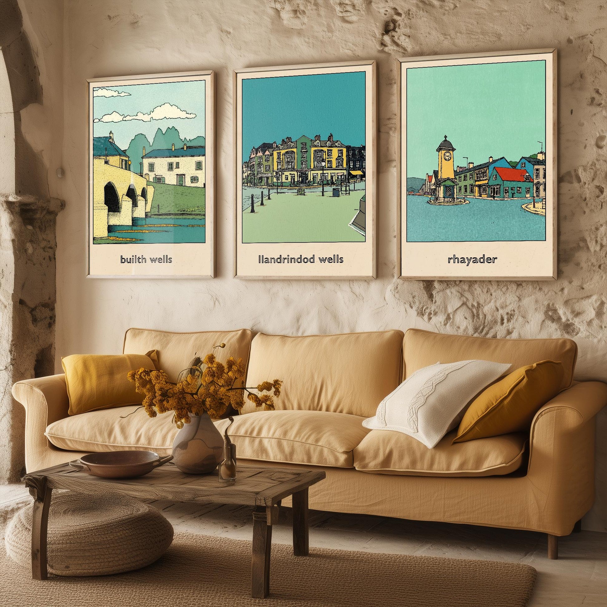 Towns of Mid Wales - Set of Three Art Prints - 3 Posters - Llandrindod Wells, Builth Wells, Rhayader - Painting Illustrations Travel Powys